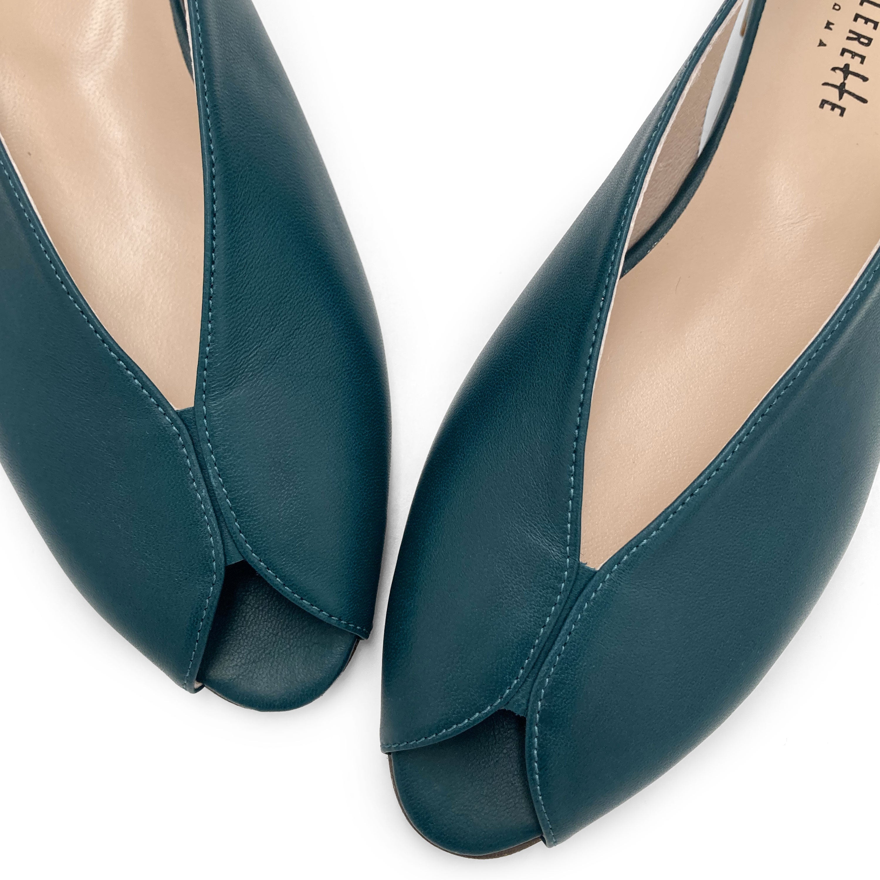 Petrol blue leather open-toe slingbacks