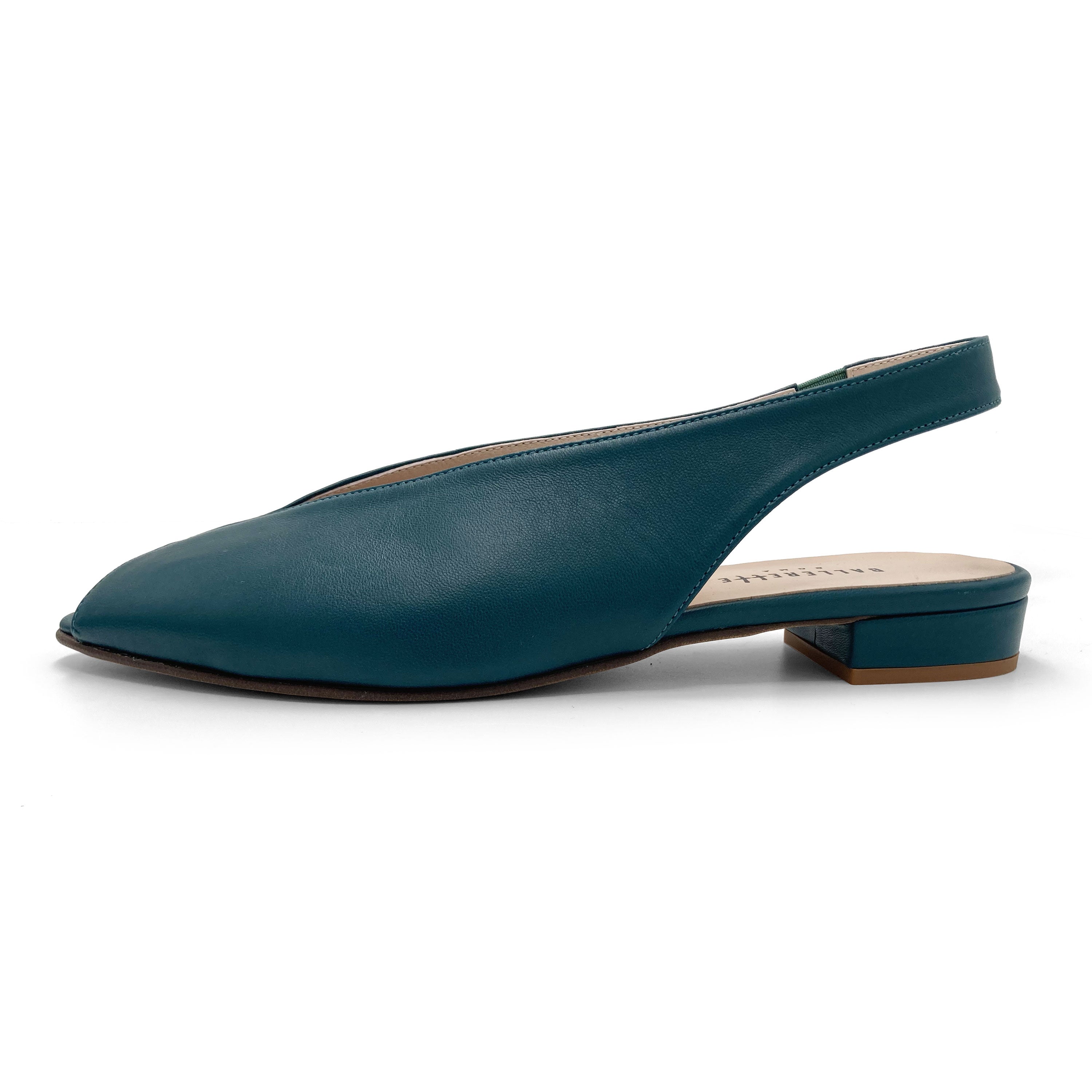 Petrol blue leather open-toe slingbacks