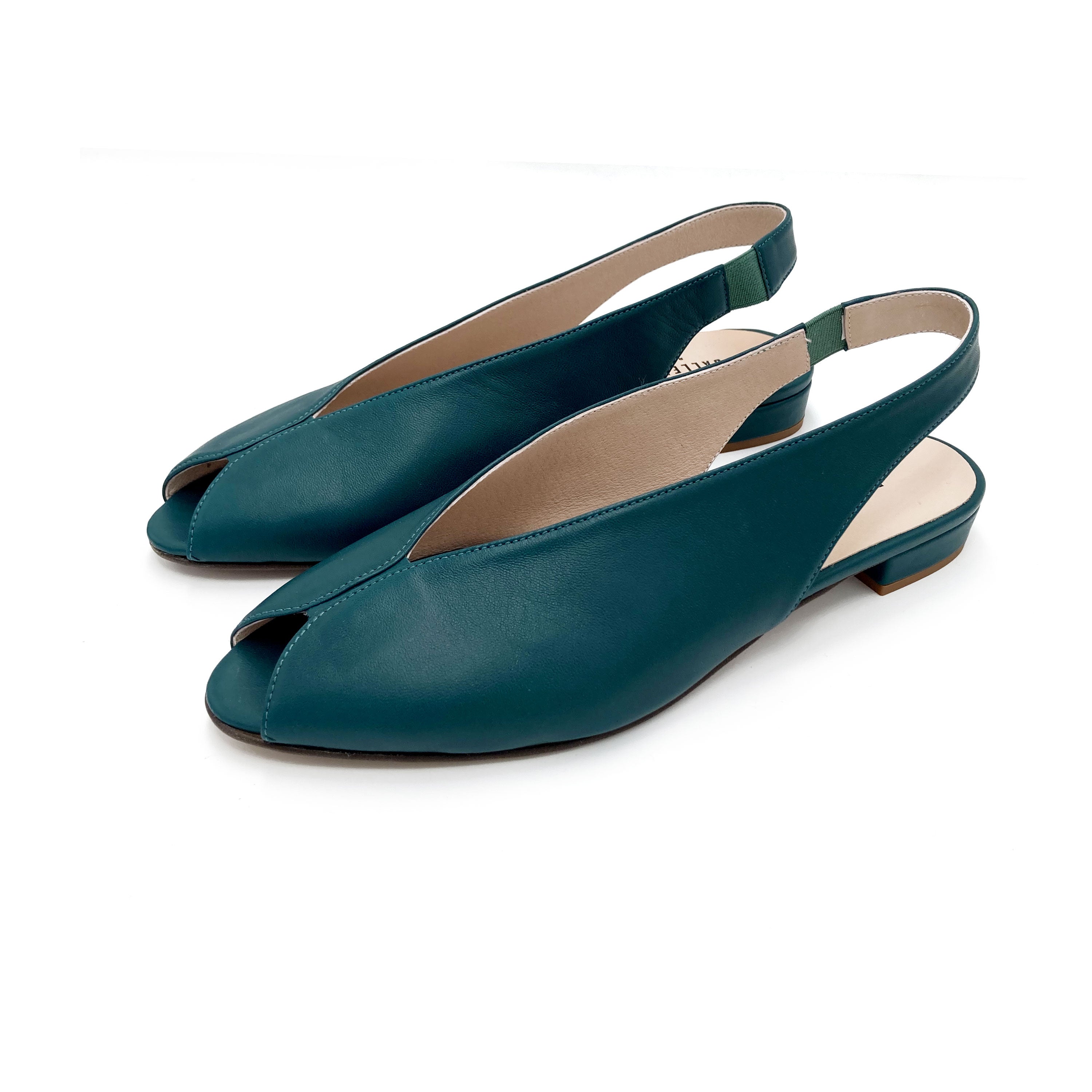 Petrol blue leather open-toe slingbacks