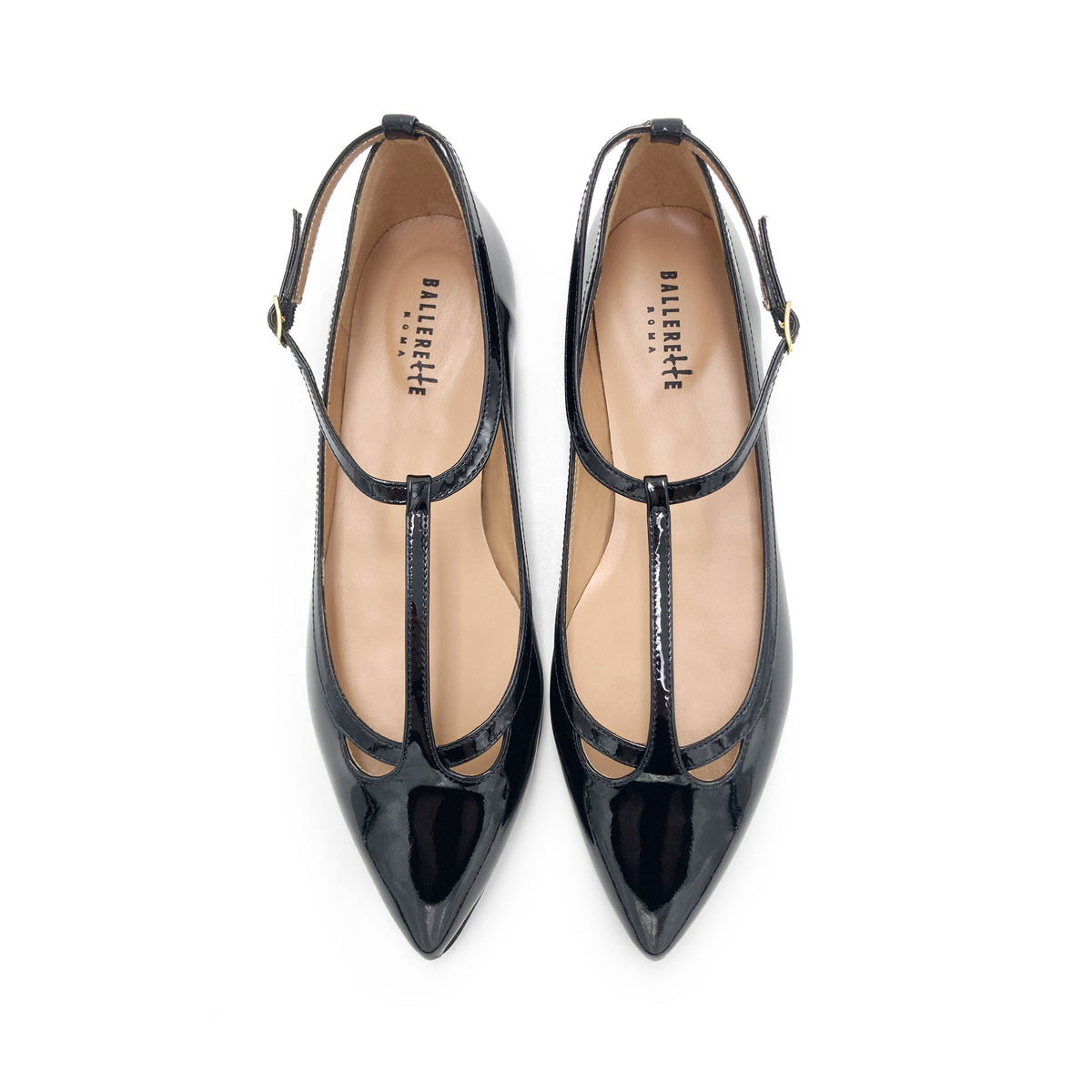 Black patent leather T-bar pointed ballet flats