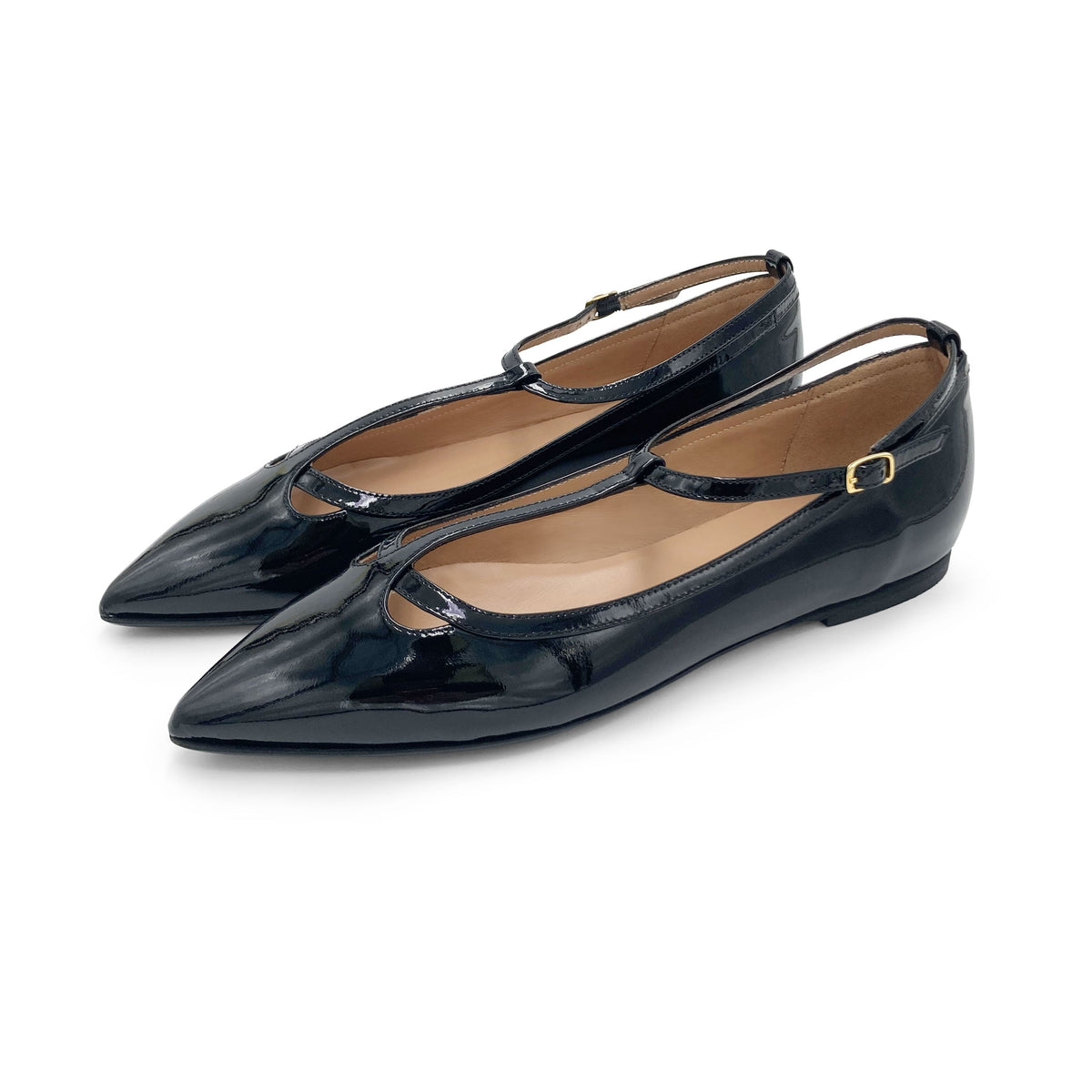 Black patent leather T-bar pointed ballet flats