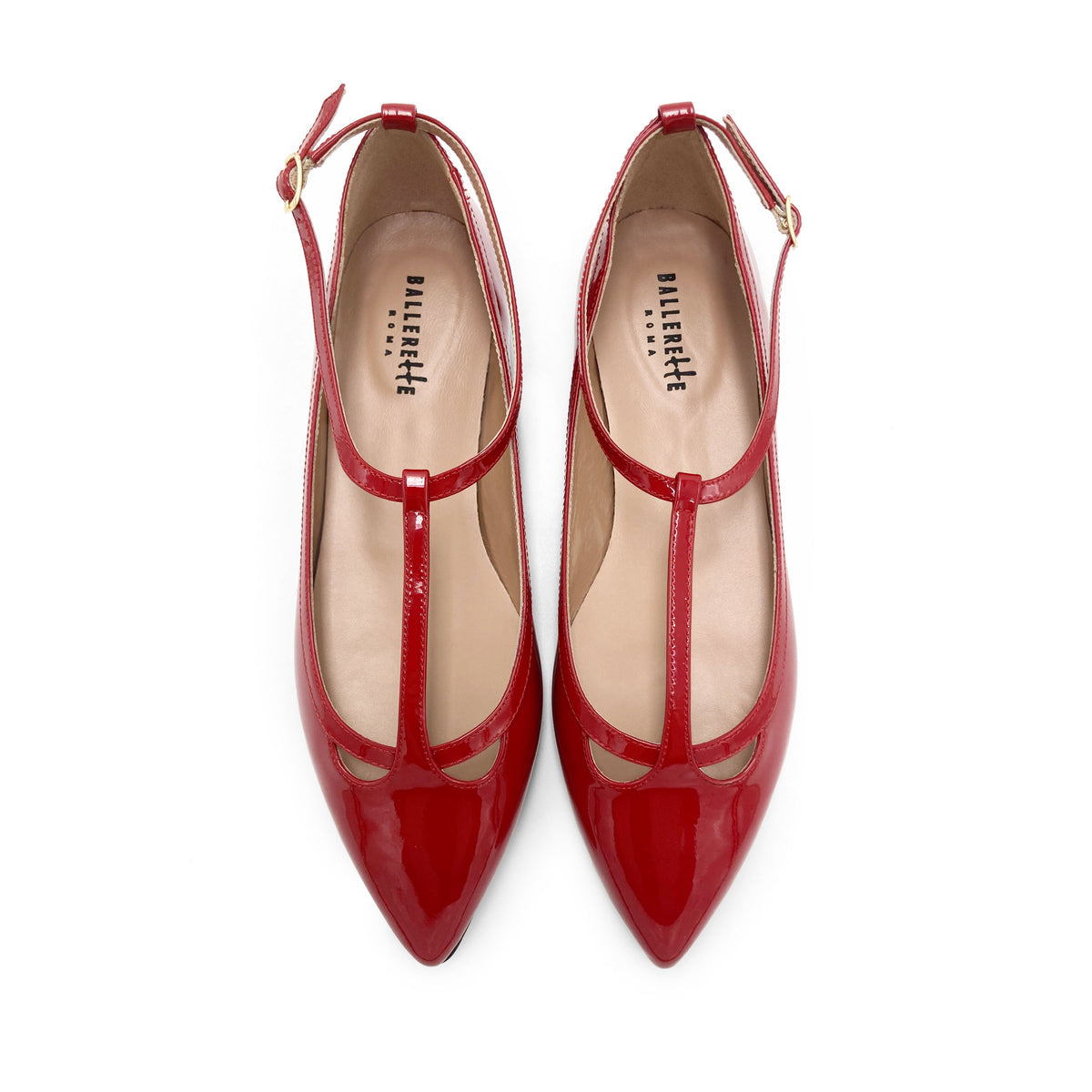 Red patent leather T-bar pointed ballet flats