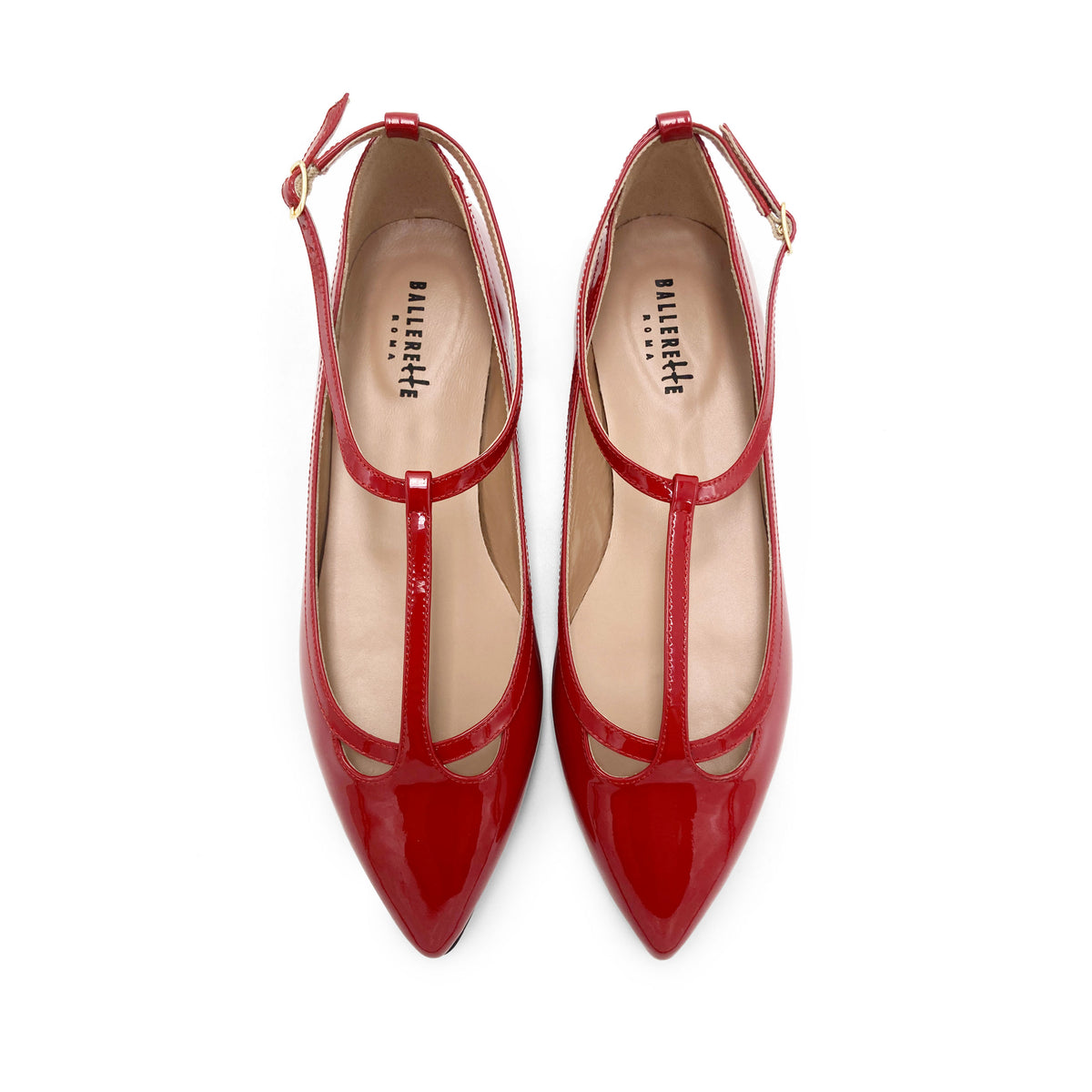 Red patent leather T-bar pointed ballet flats