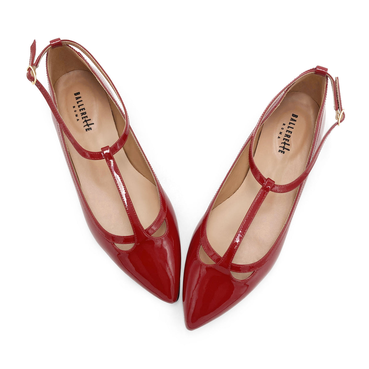 Red patent leather T-bar pointed ballet flats