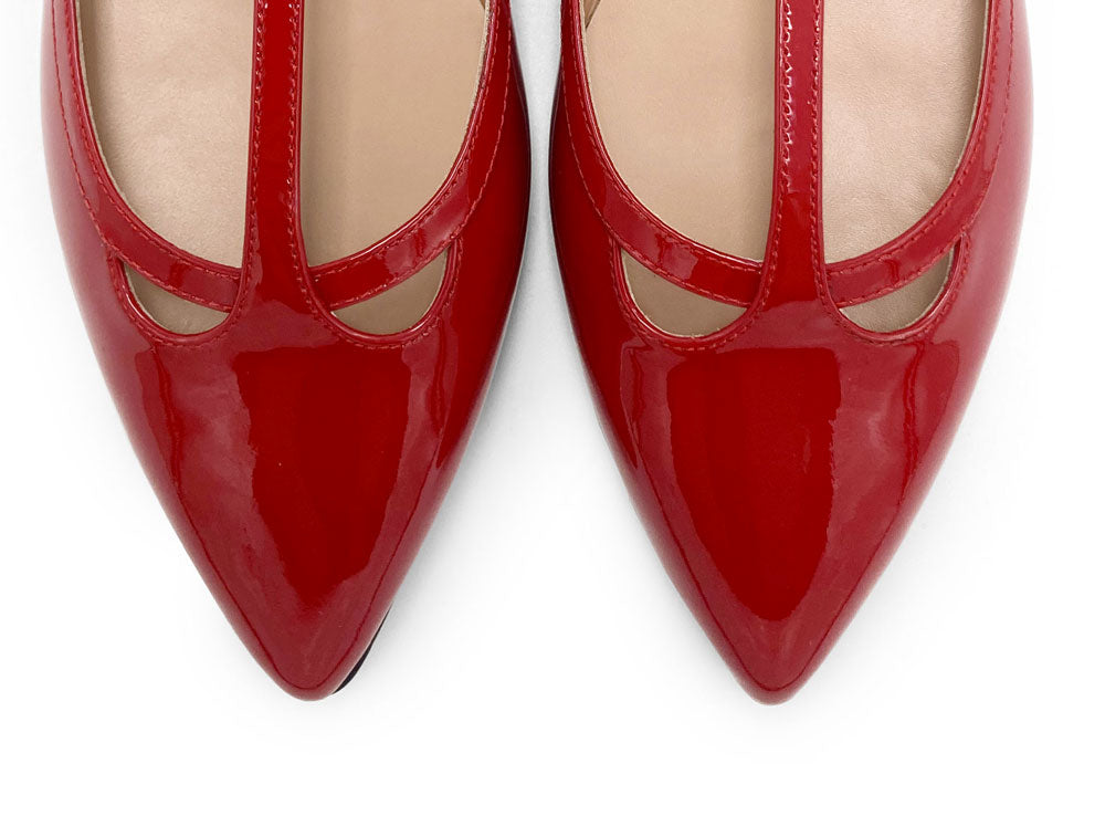 Red patent leather T-bar pointed ballet flats