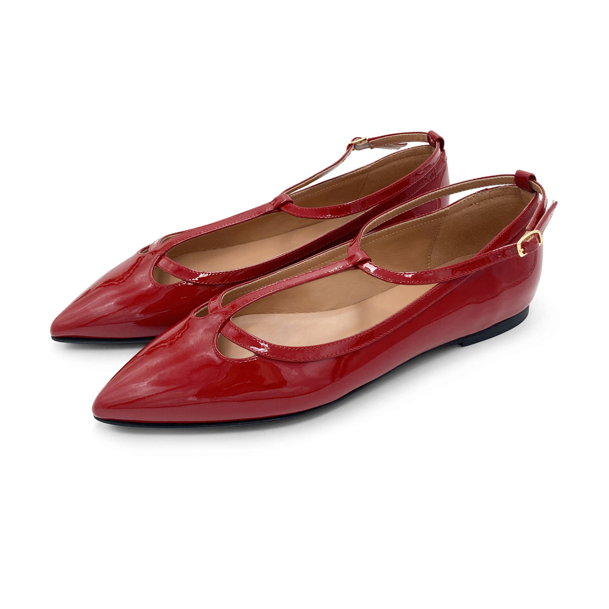 Red patent leather T-bar pointed ballet flats