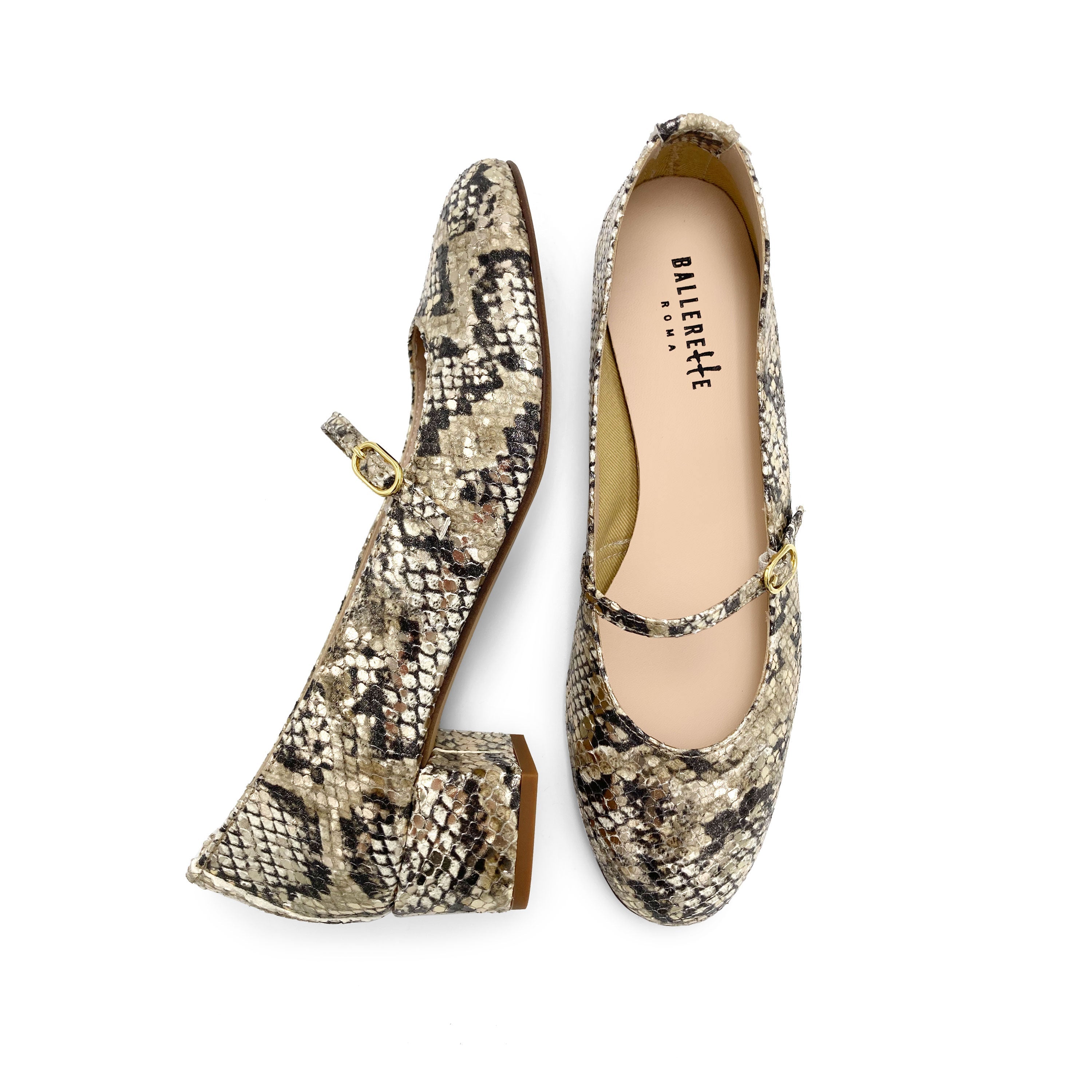 Snake print leather Mary Jane ballet flats with strap and high heel