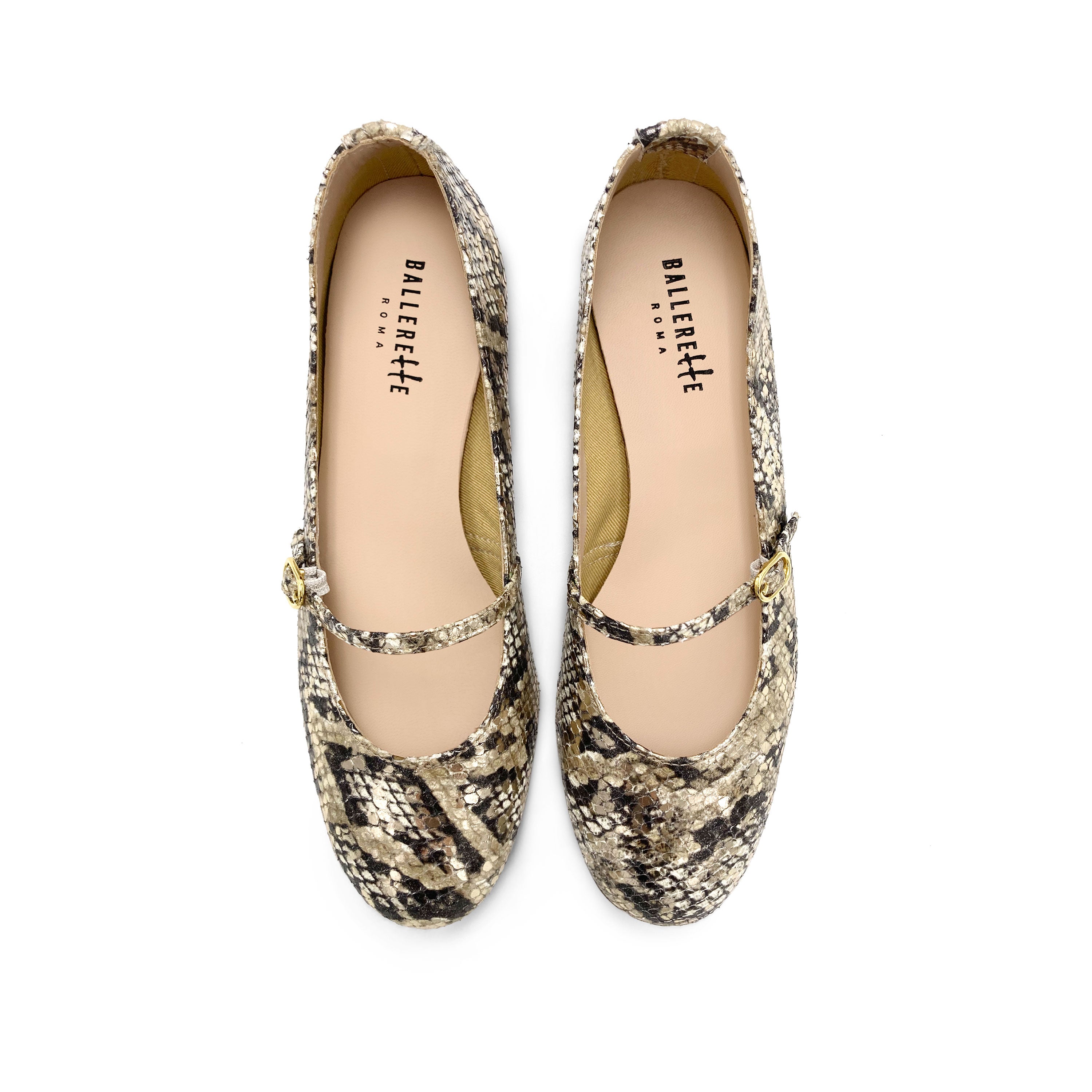 Snake print leather Mary Jane ballet flats with strap and high heel