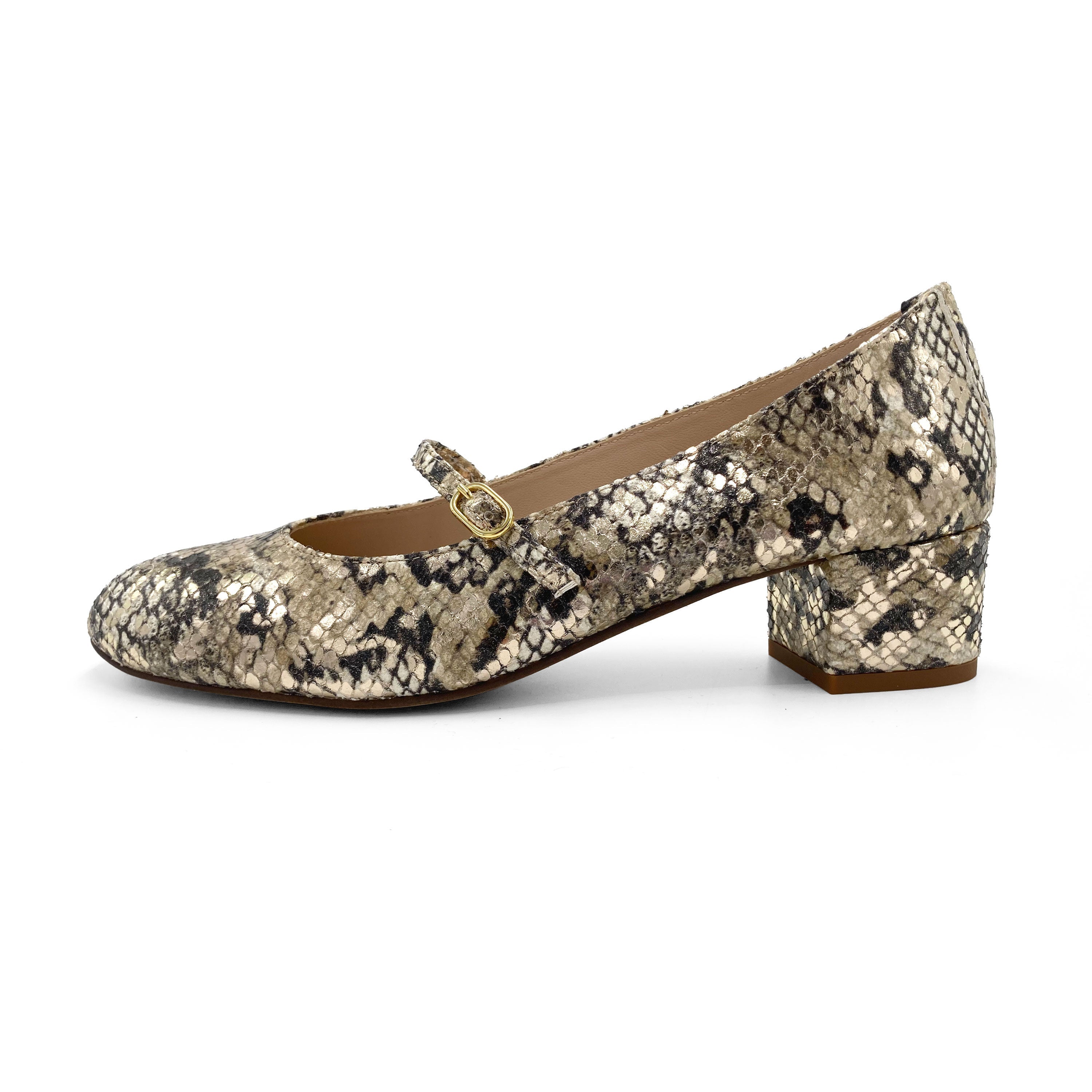 Snake print leather Mary Jane ballet flats with strap and high heel