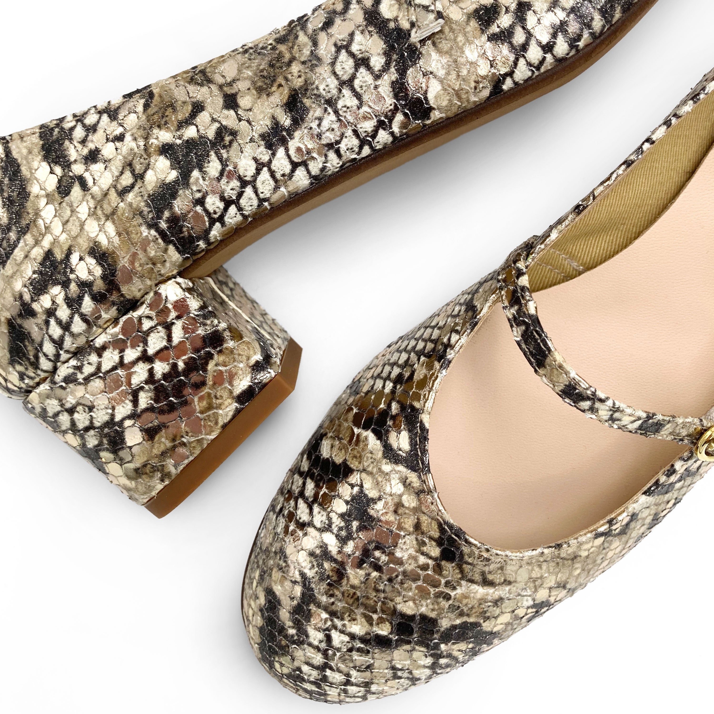 Snake print leather Mary Jane ballet flats with strap and high heel