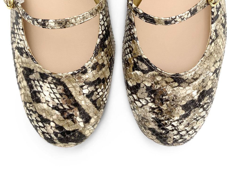 Snake print leather Mary Jane ballet flats with strap and high heel