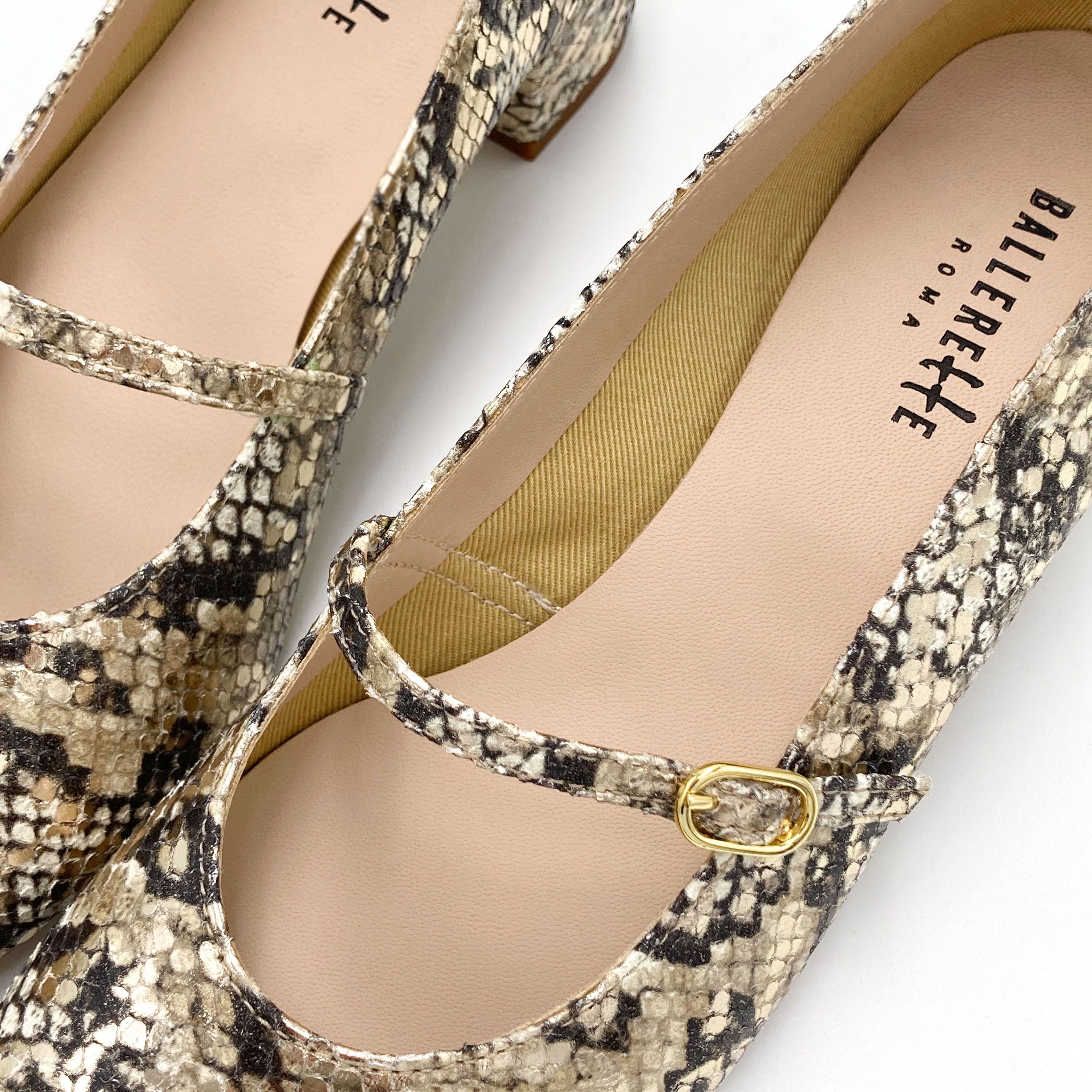 Snake print leather Mary Jane ballet flats with strap and high heel