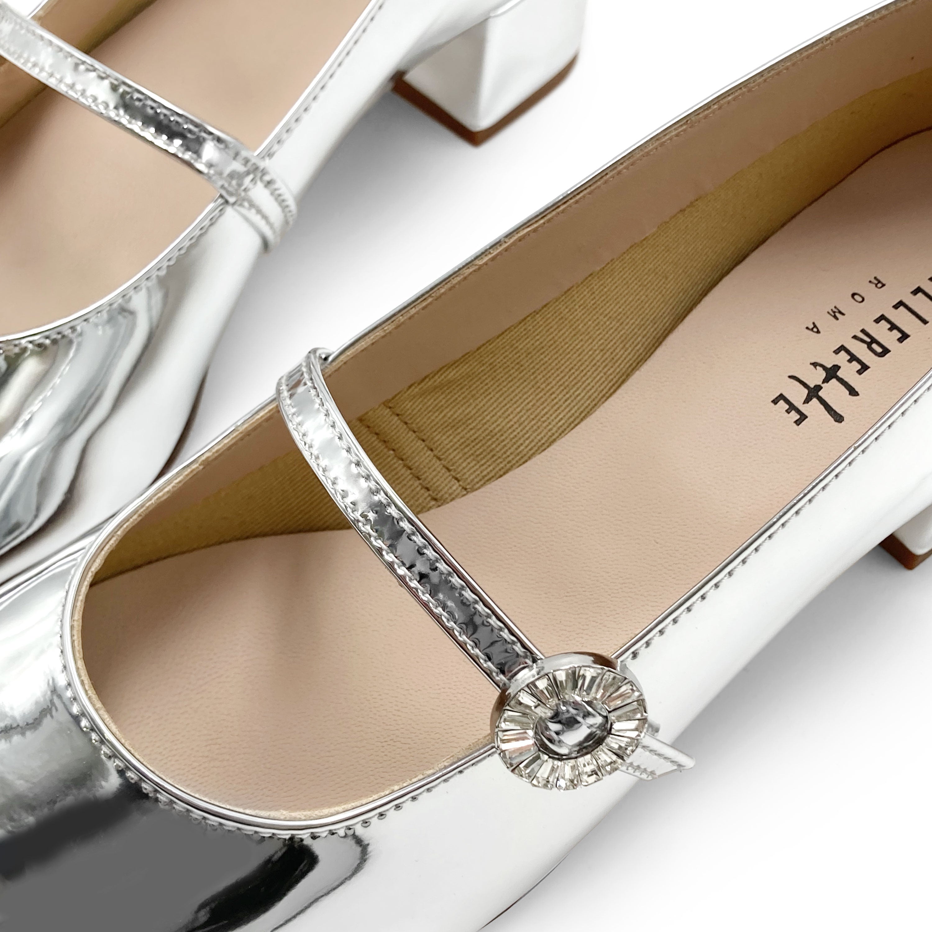 Silver mirrored Mary Jane ballet flats with strap and high heel