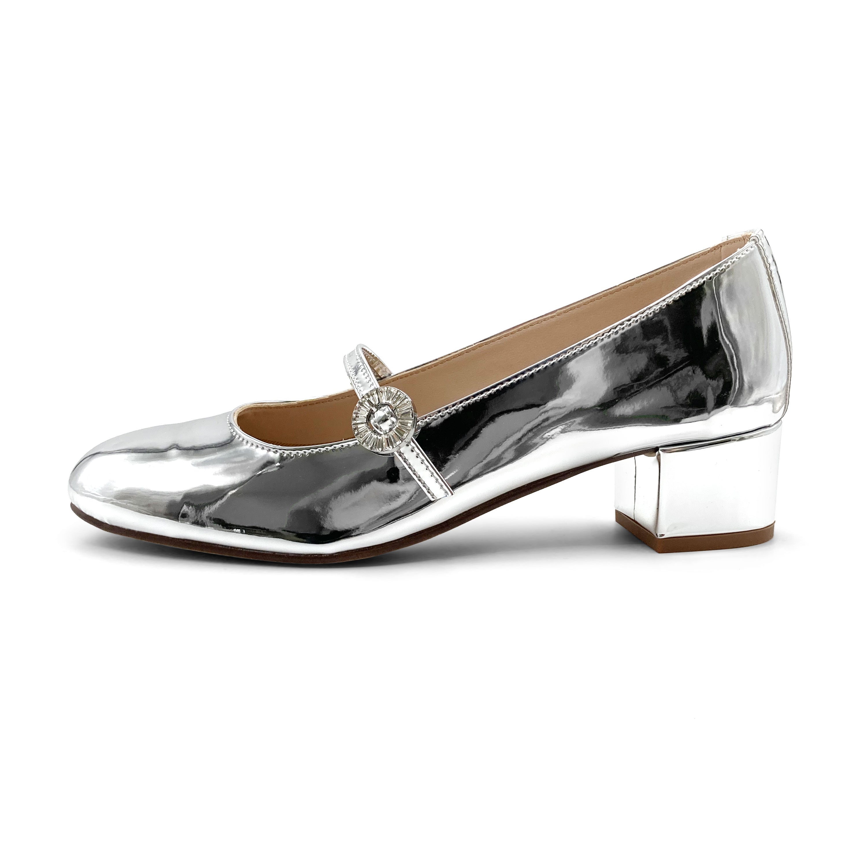 Silver mirrored Mary Jane ballet flats with strap and high heel
