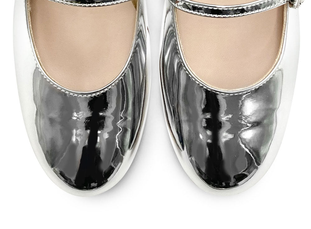Silver mirrored Mary Jane ballet flats with strap and high heel