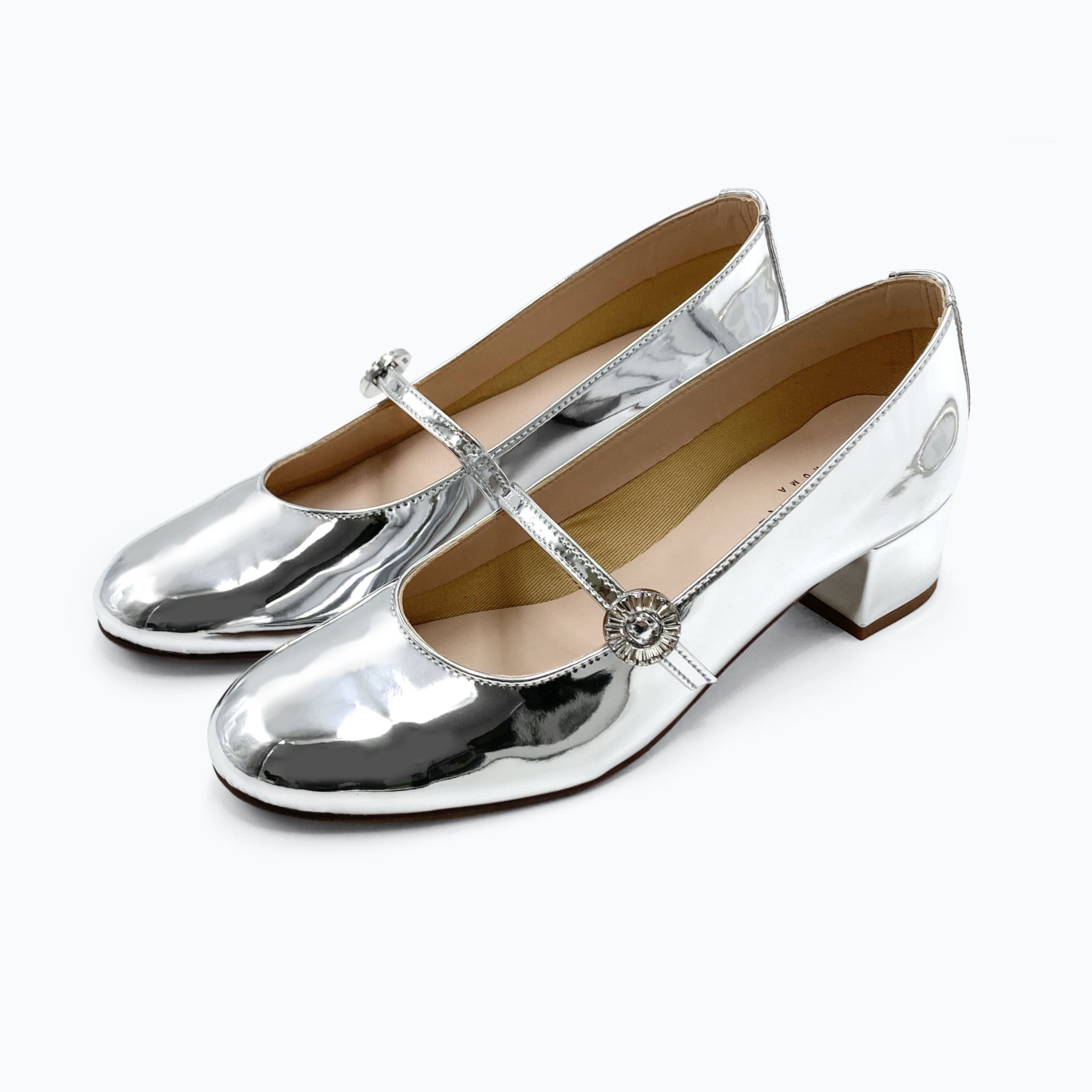 Silver mirrored Mary Jane ballet flats with strap and high heel