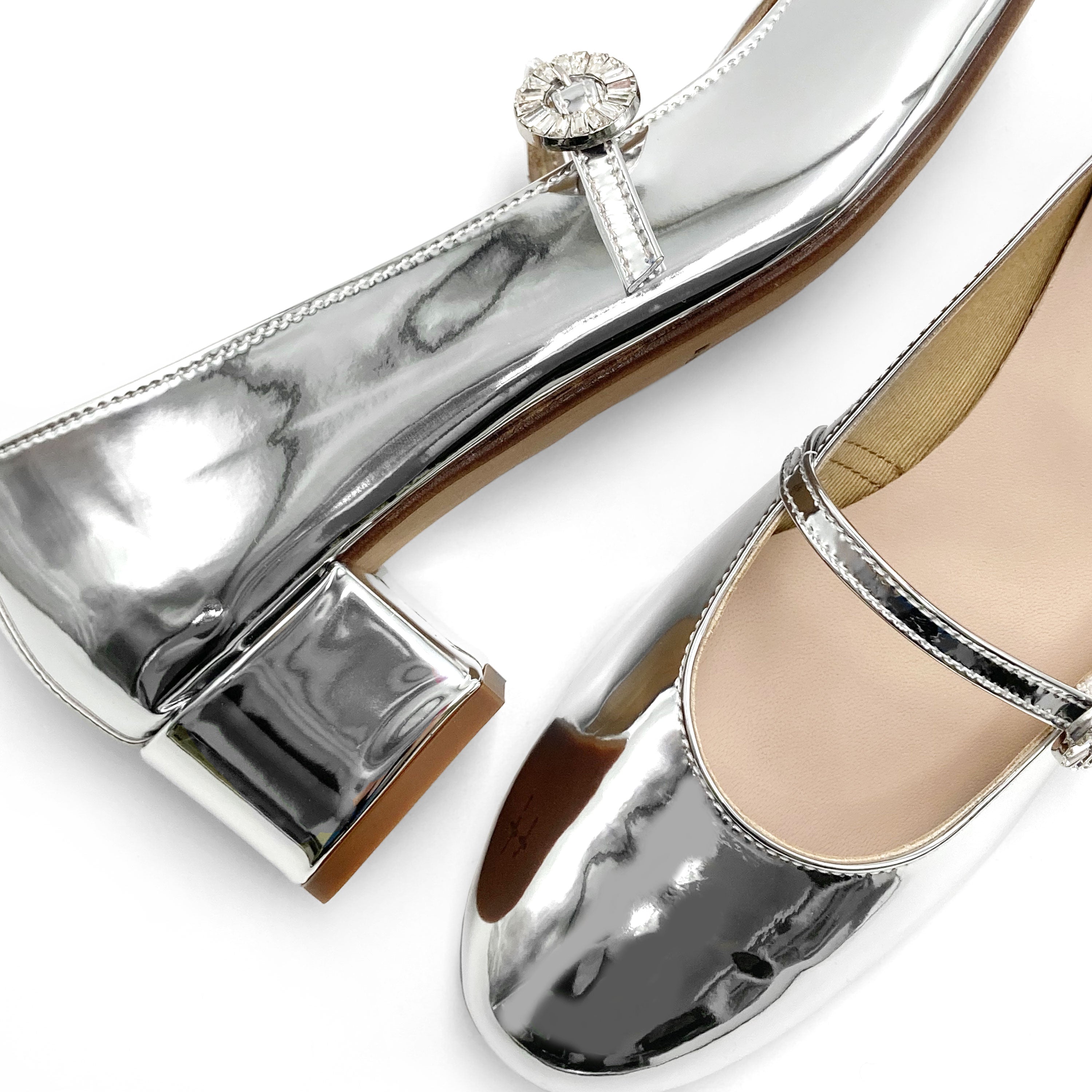 Silver mirrored Mary Jane ballet flats with strap and high heel