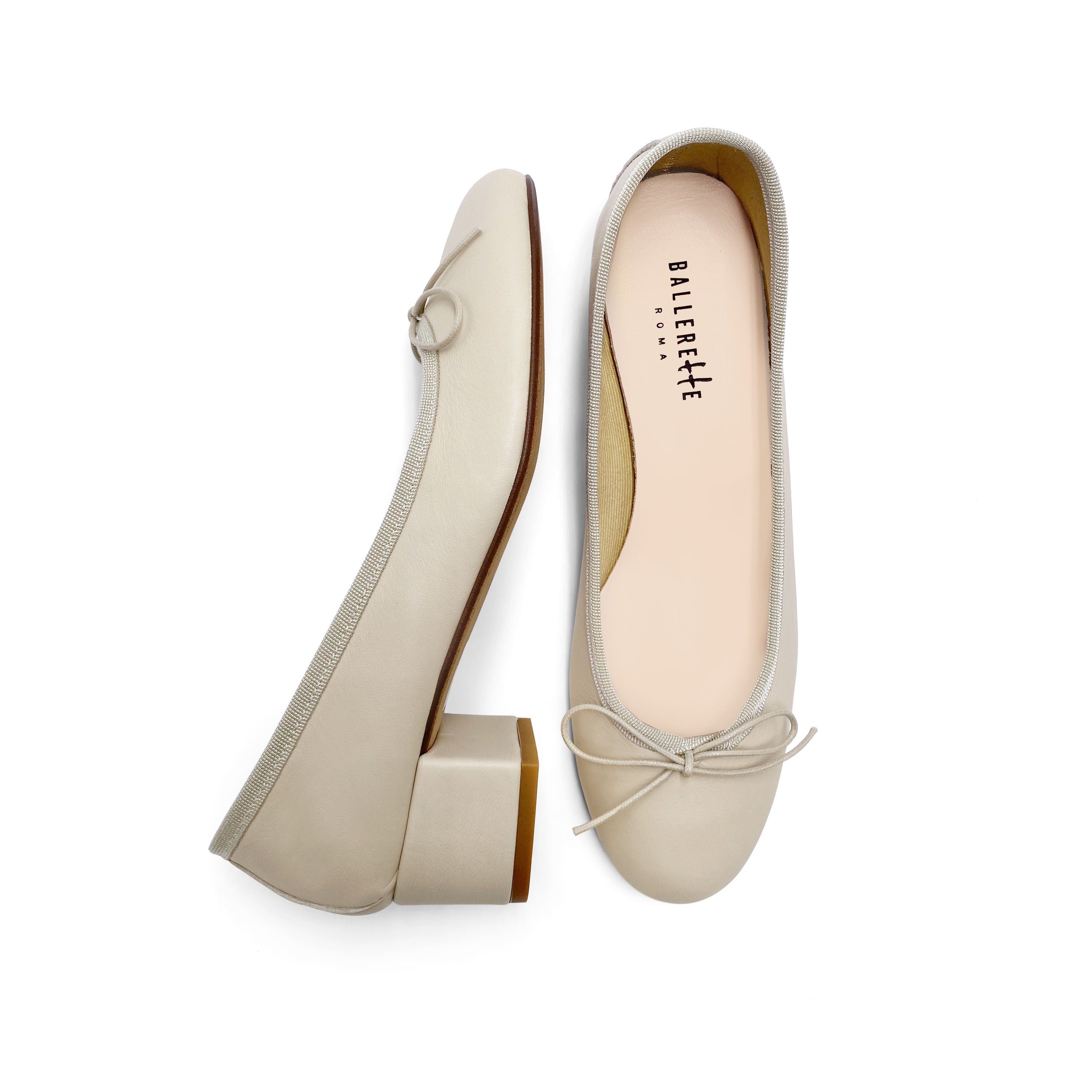 Beige leather ballet flats with heel