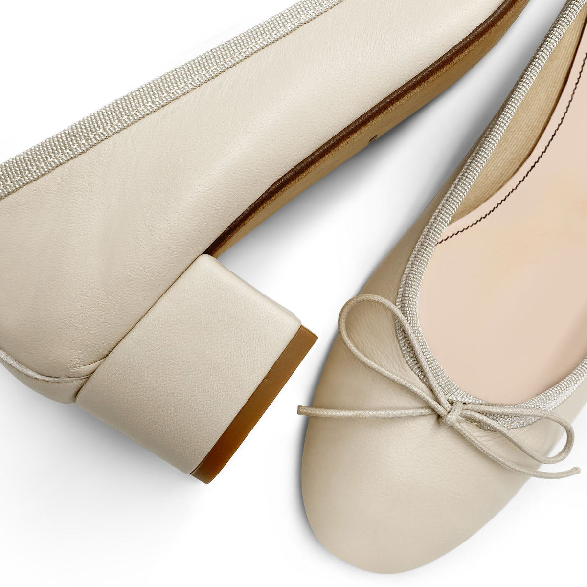 Beige leather ballet flats with heel