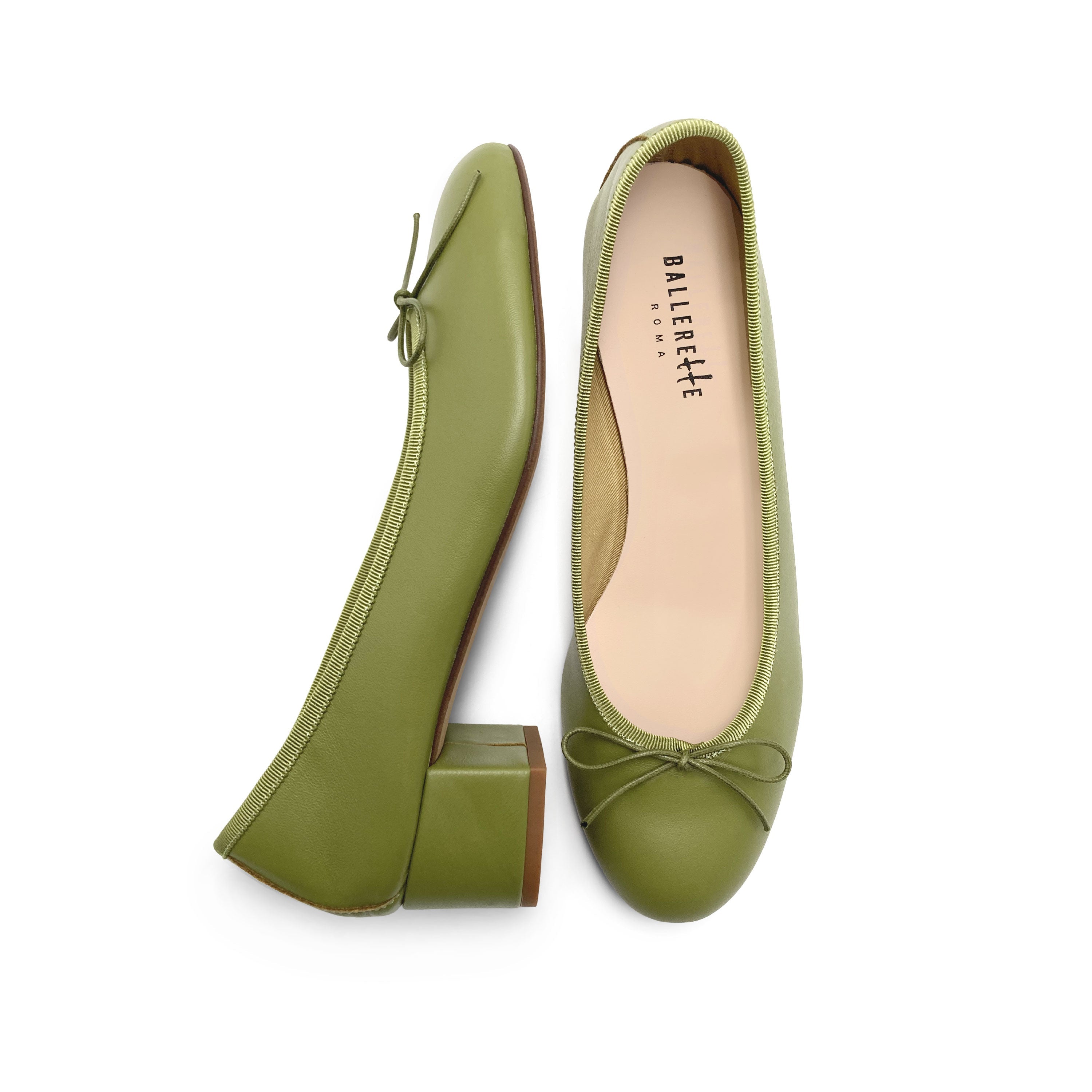 Olive green leather ballet flats with heel