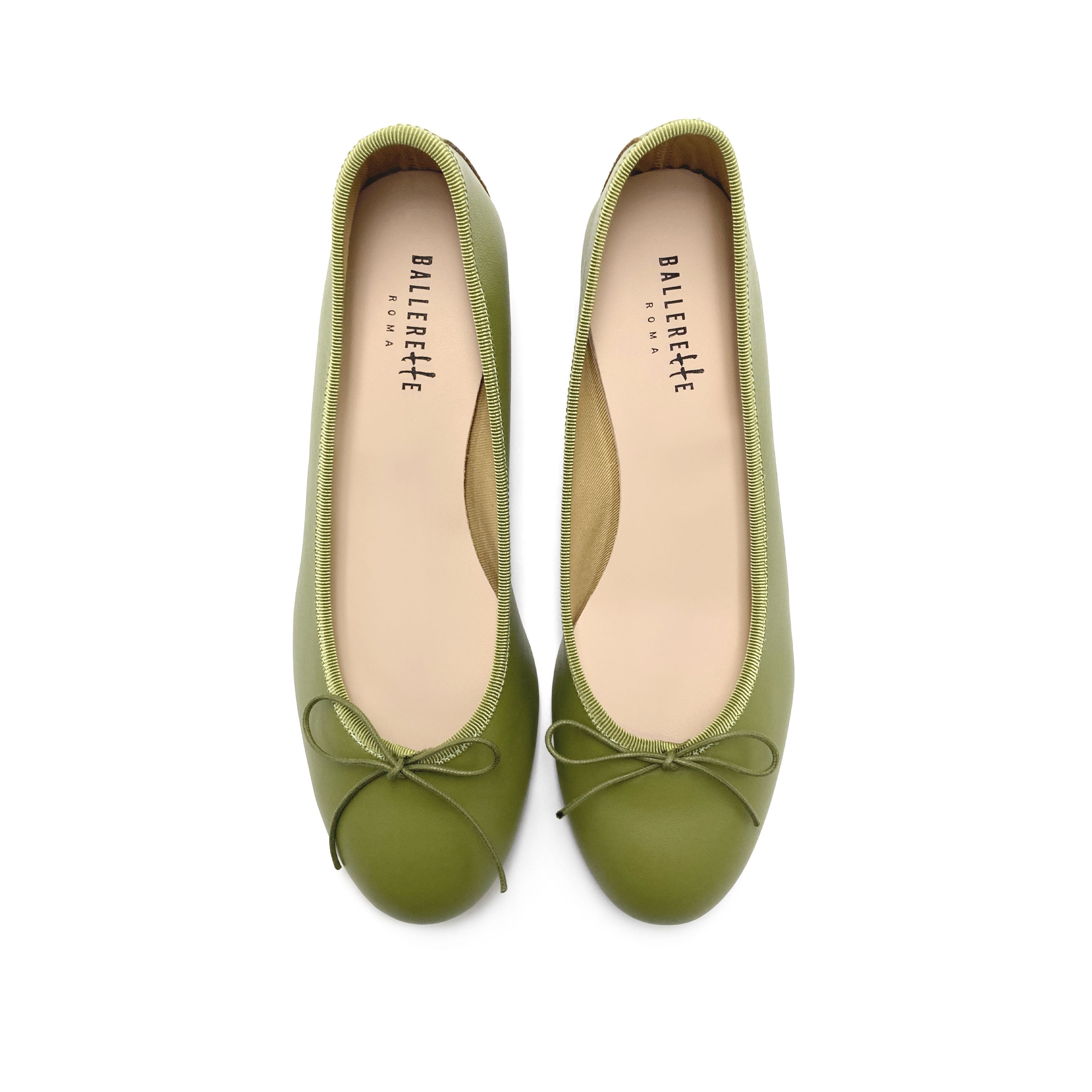 Olive green leather ballet flats with heel