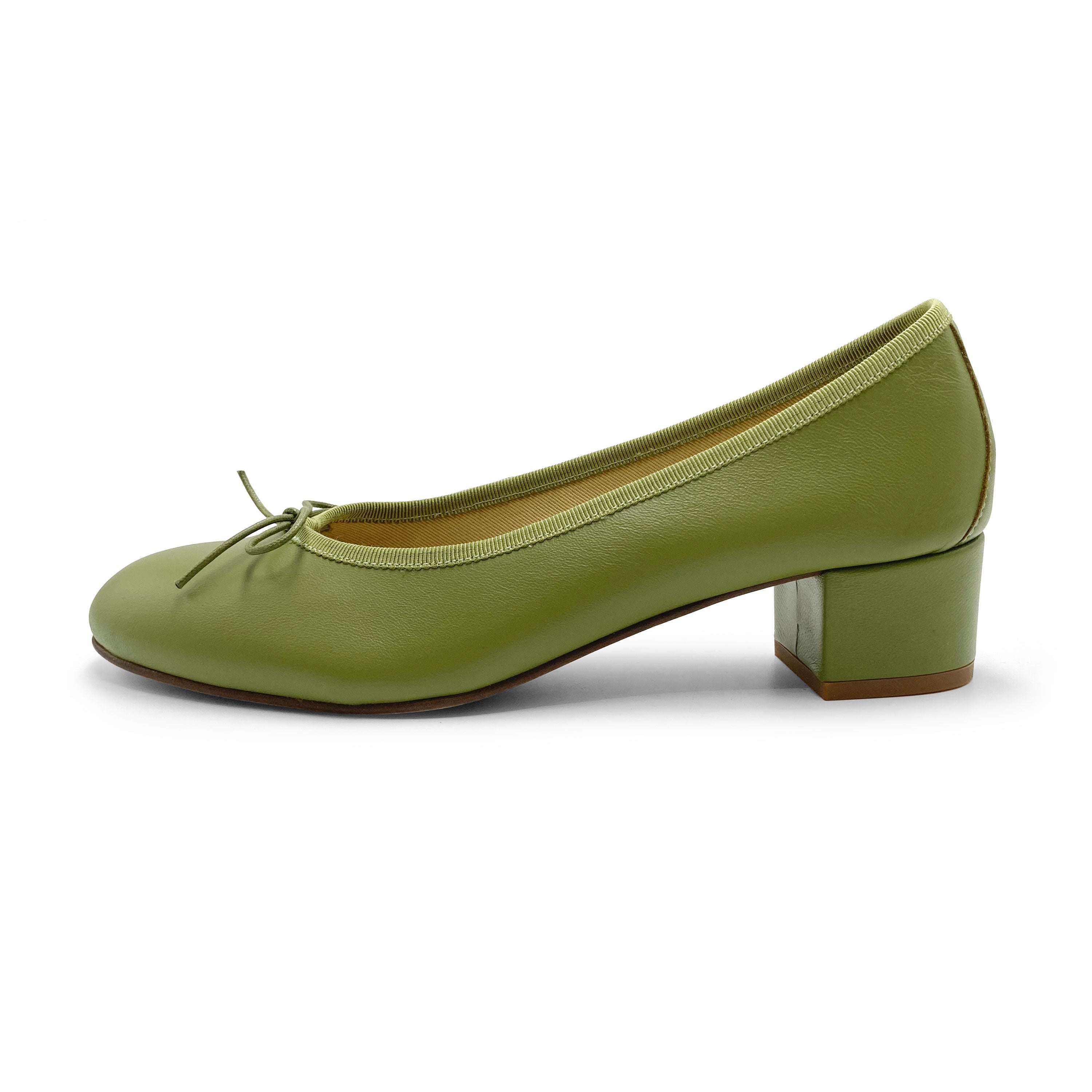 Olive green leather ballet flats with heel