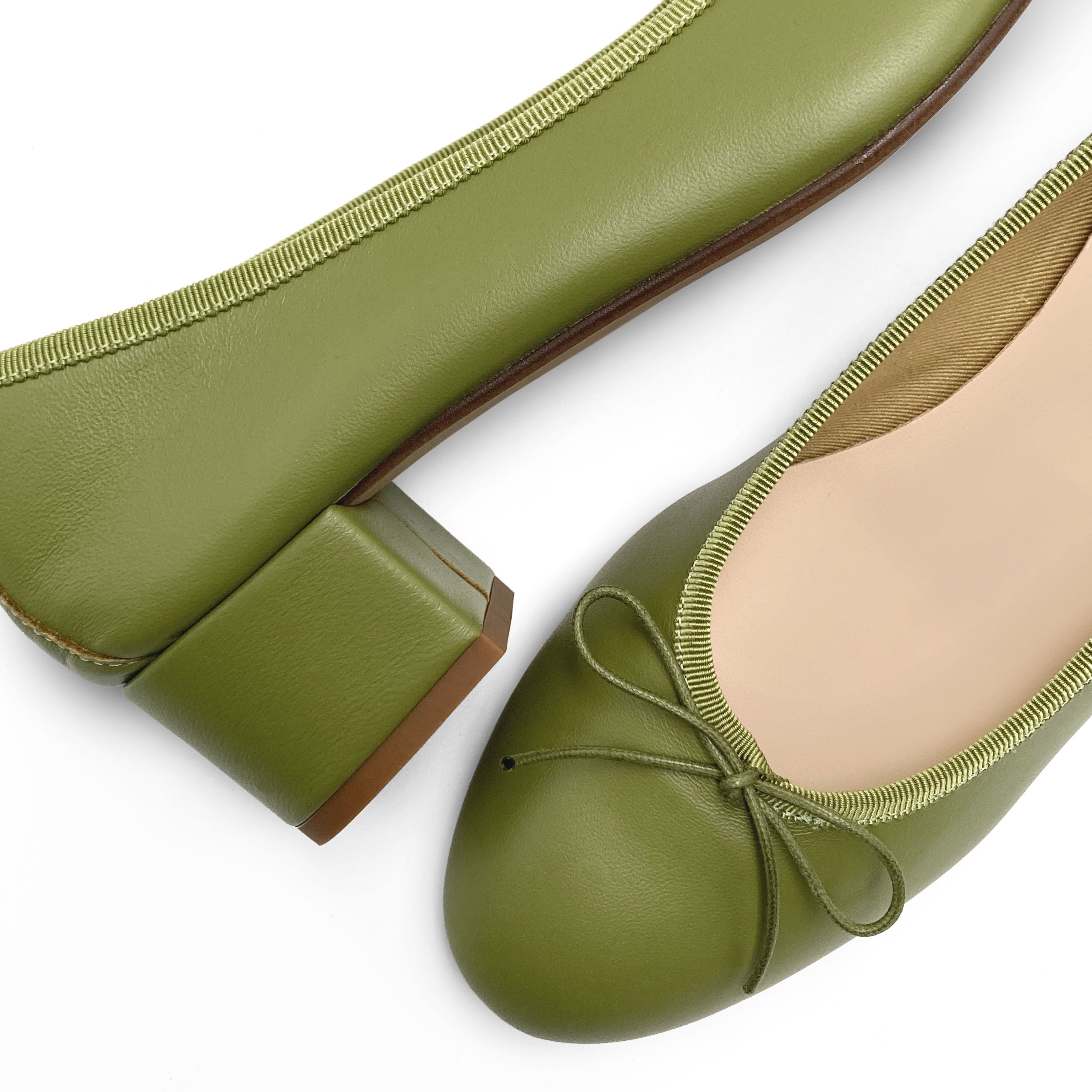 Olive green leather ballet flats with heel