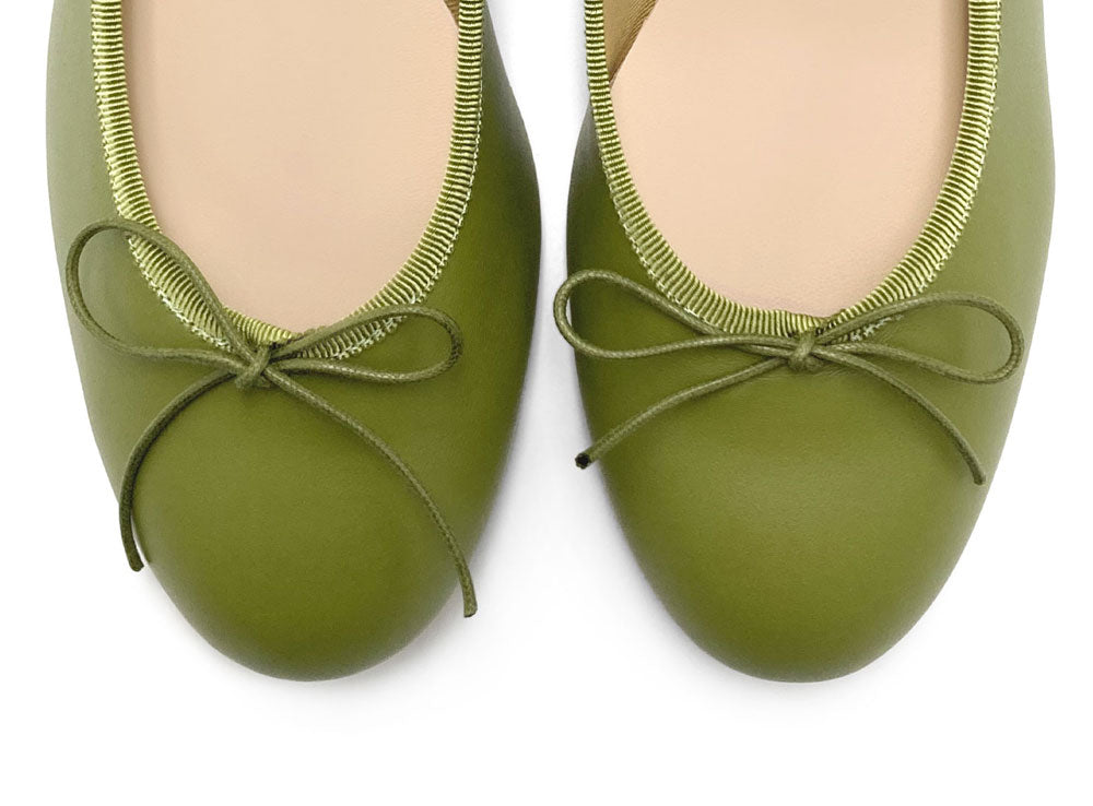 Olive green leather ballet flats with heel
