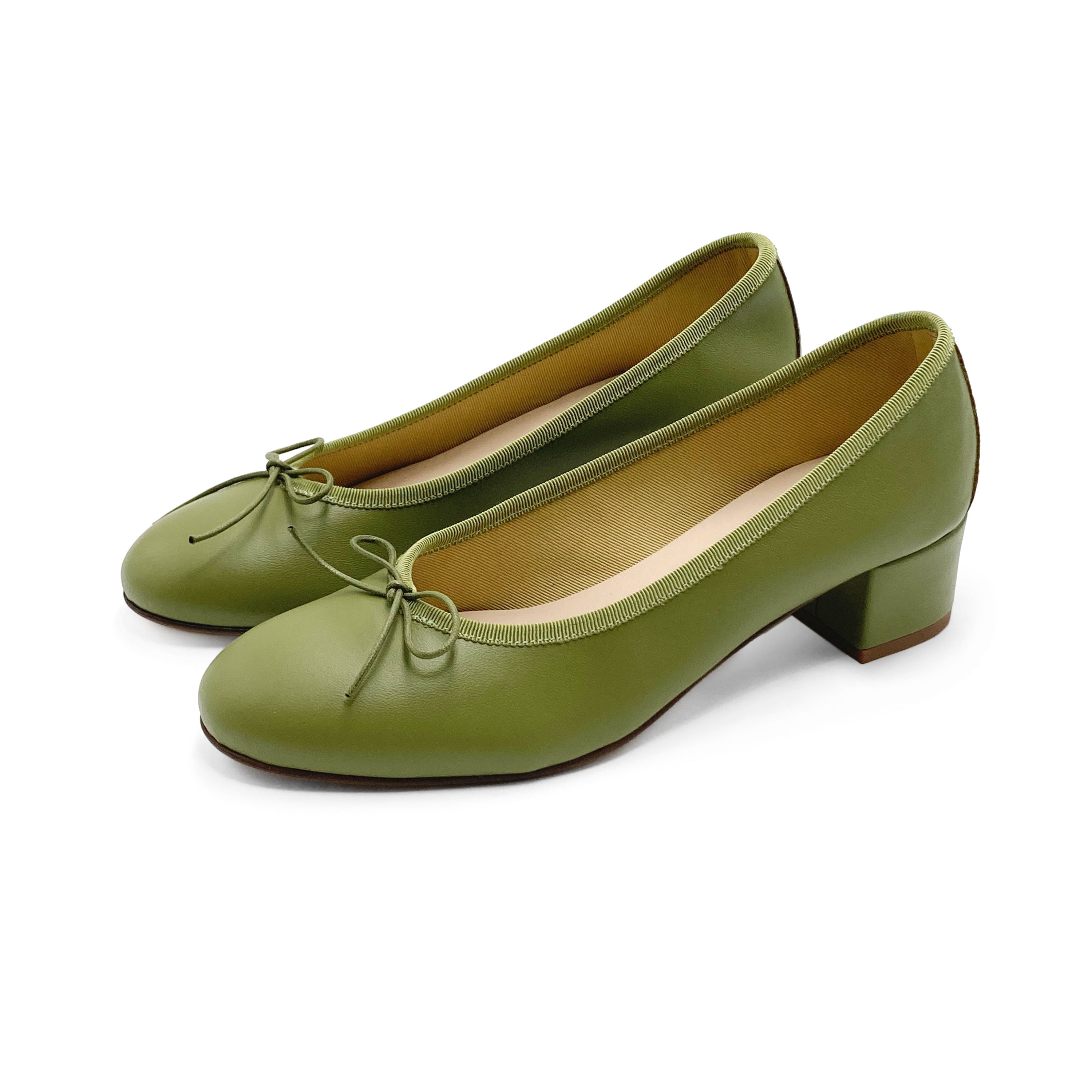 Olive green leather ballet flats with heel