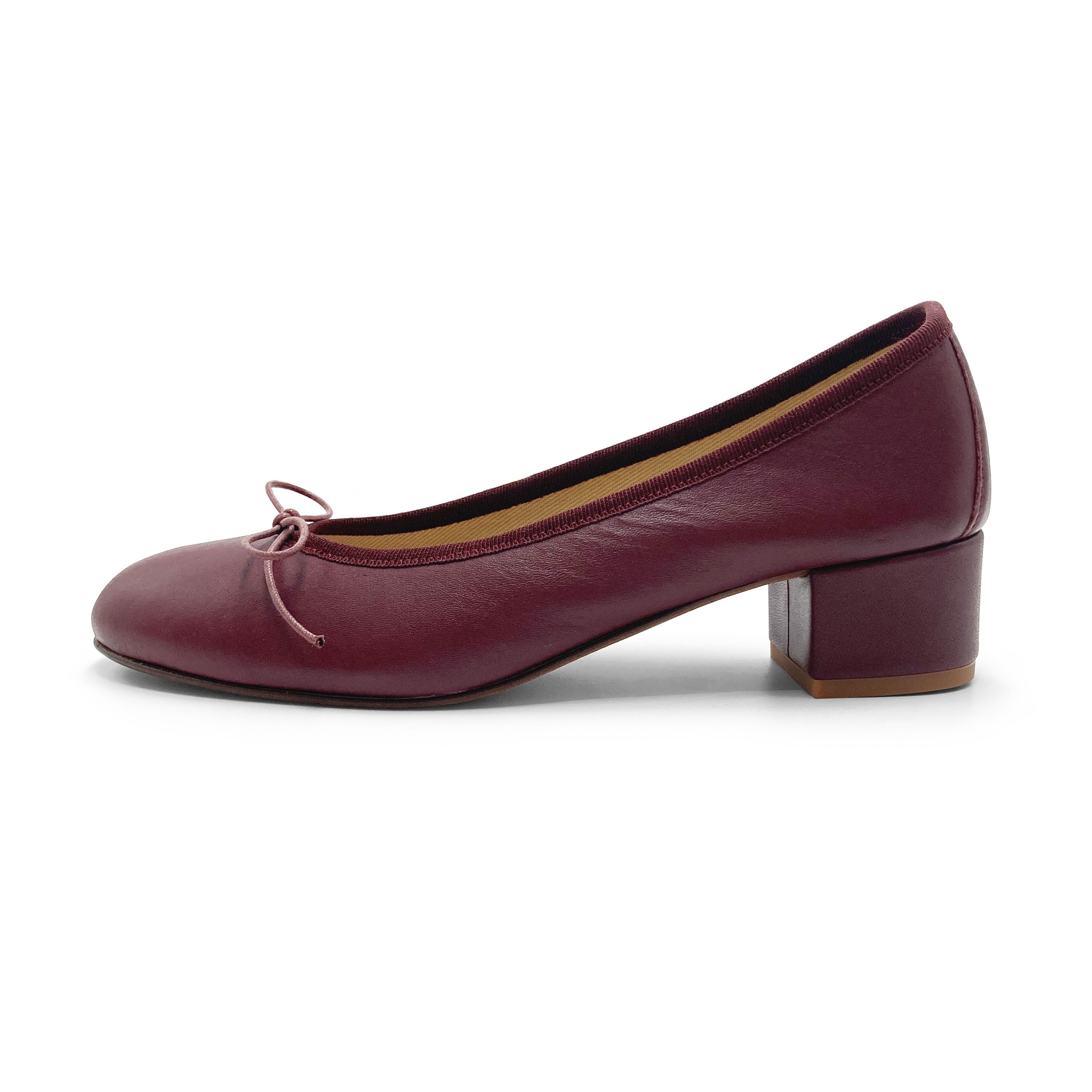 Burgundy leather ballet flats with heel