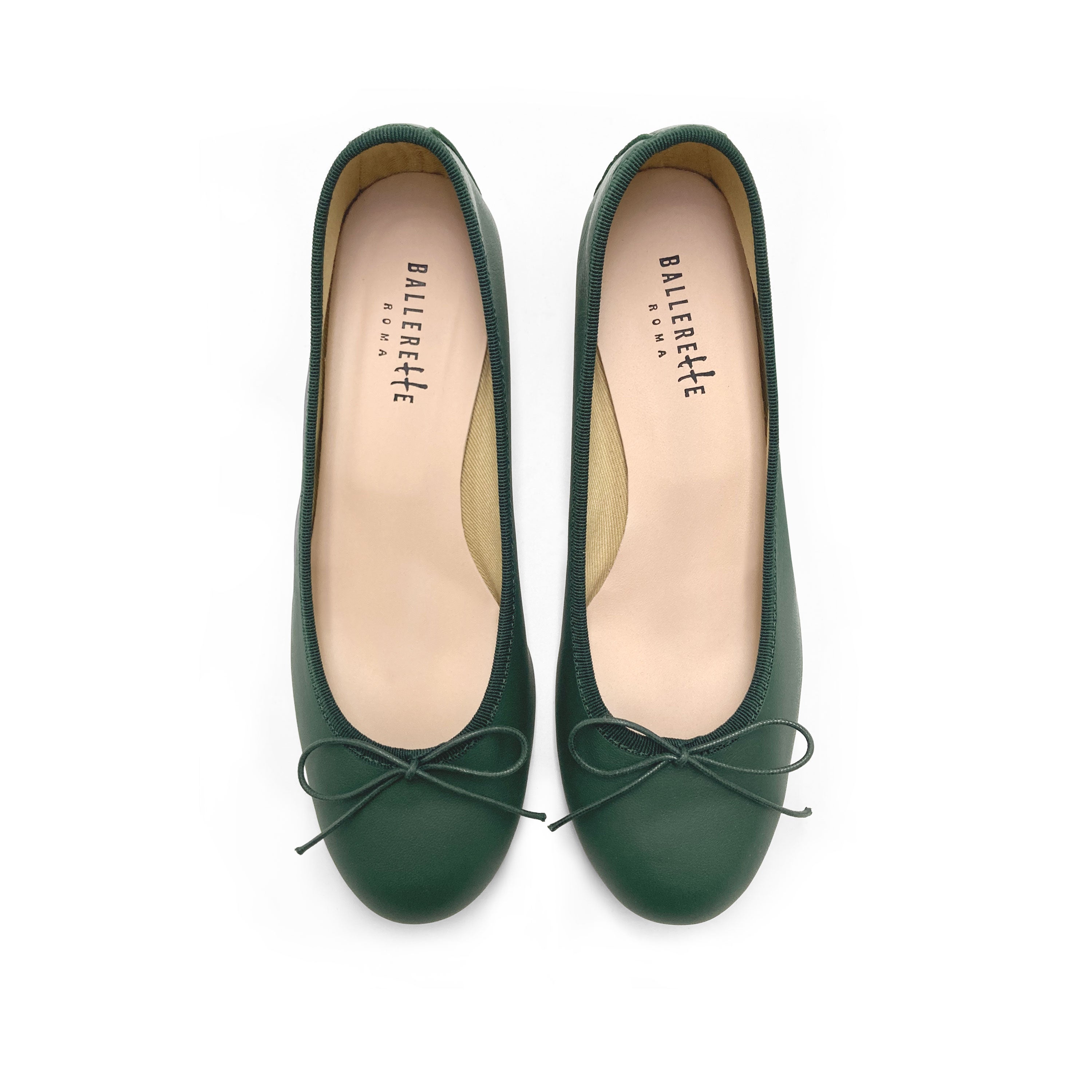 Bottle green leather ballet shoes with heels