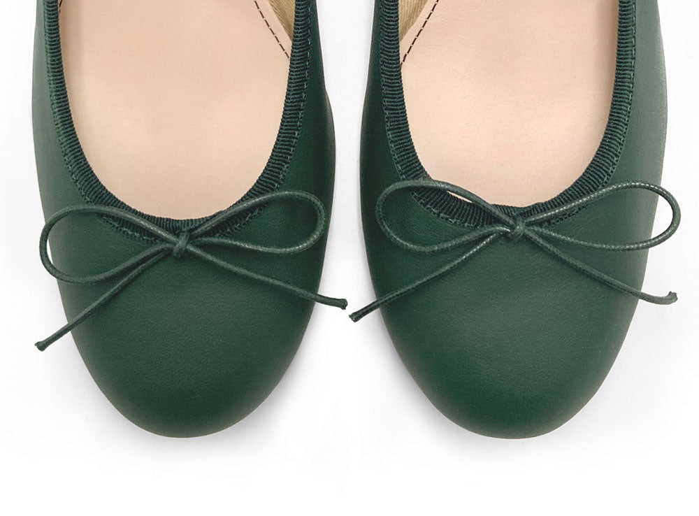 Bottle green leather ballet shoes with heels
