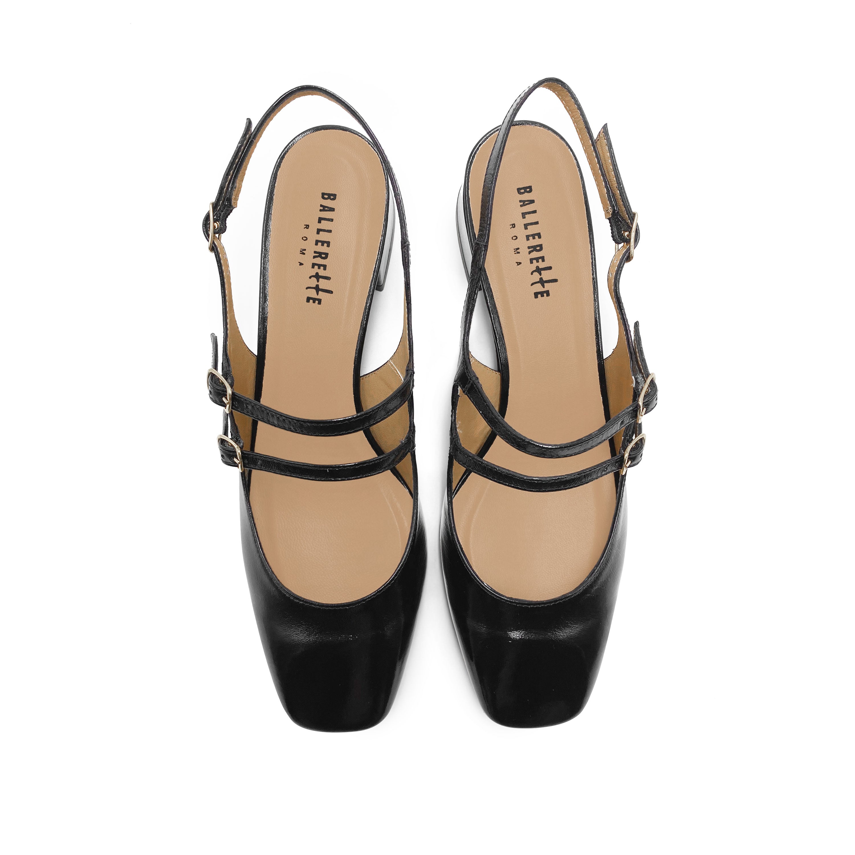 Black shiny leather slingback ballet flats with heel