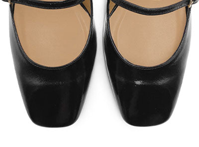 Black shiny leather slingback ballet flats with heel