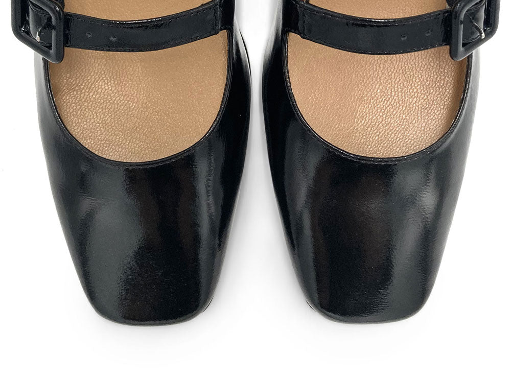 Black patent Mary Jane ballet flats with heel and square toe