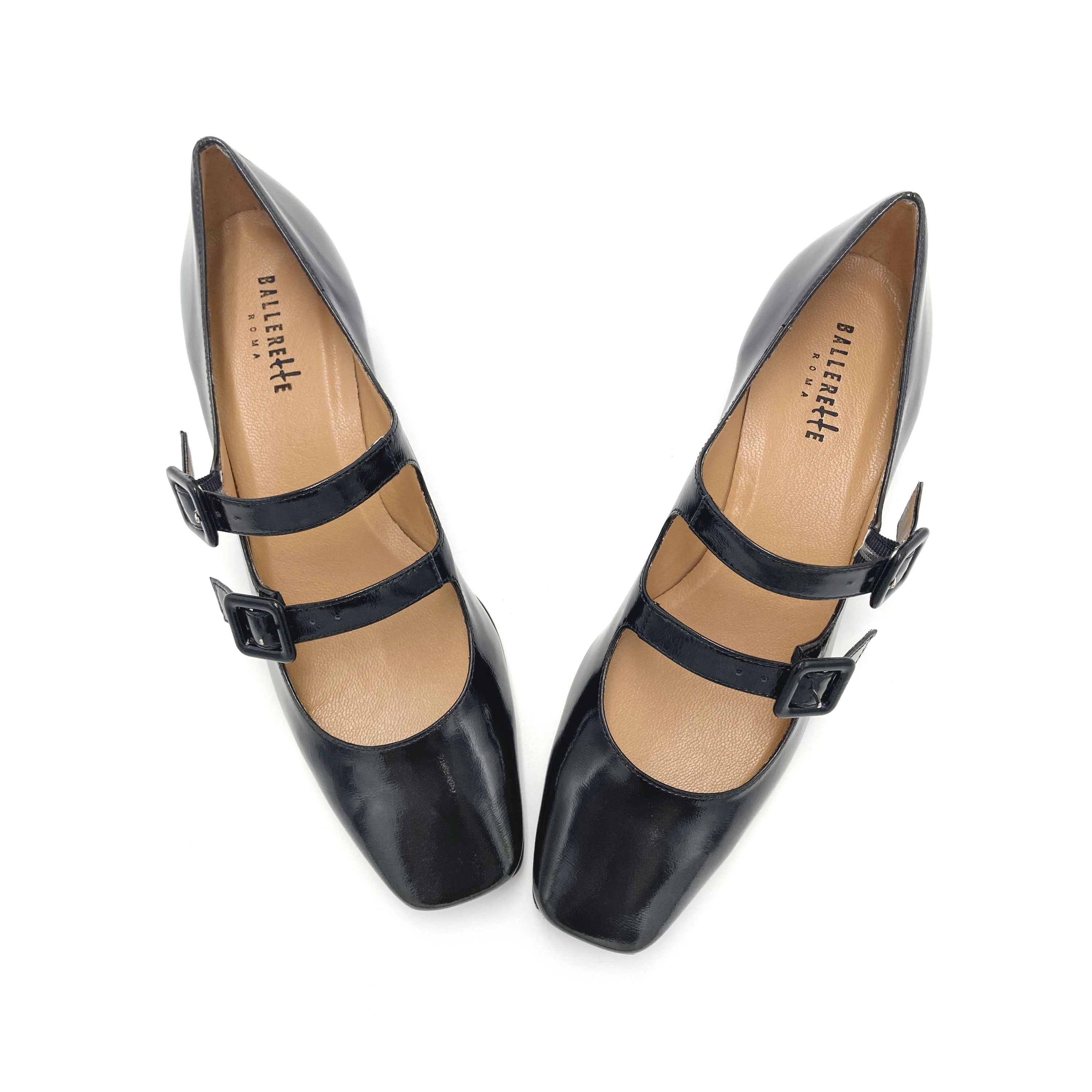 Black patent Mary Jane ballet flats with heel and square toe