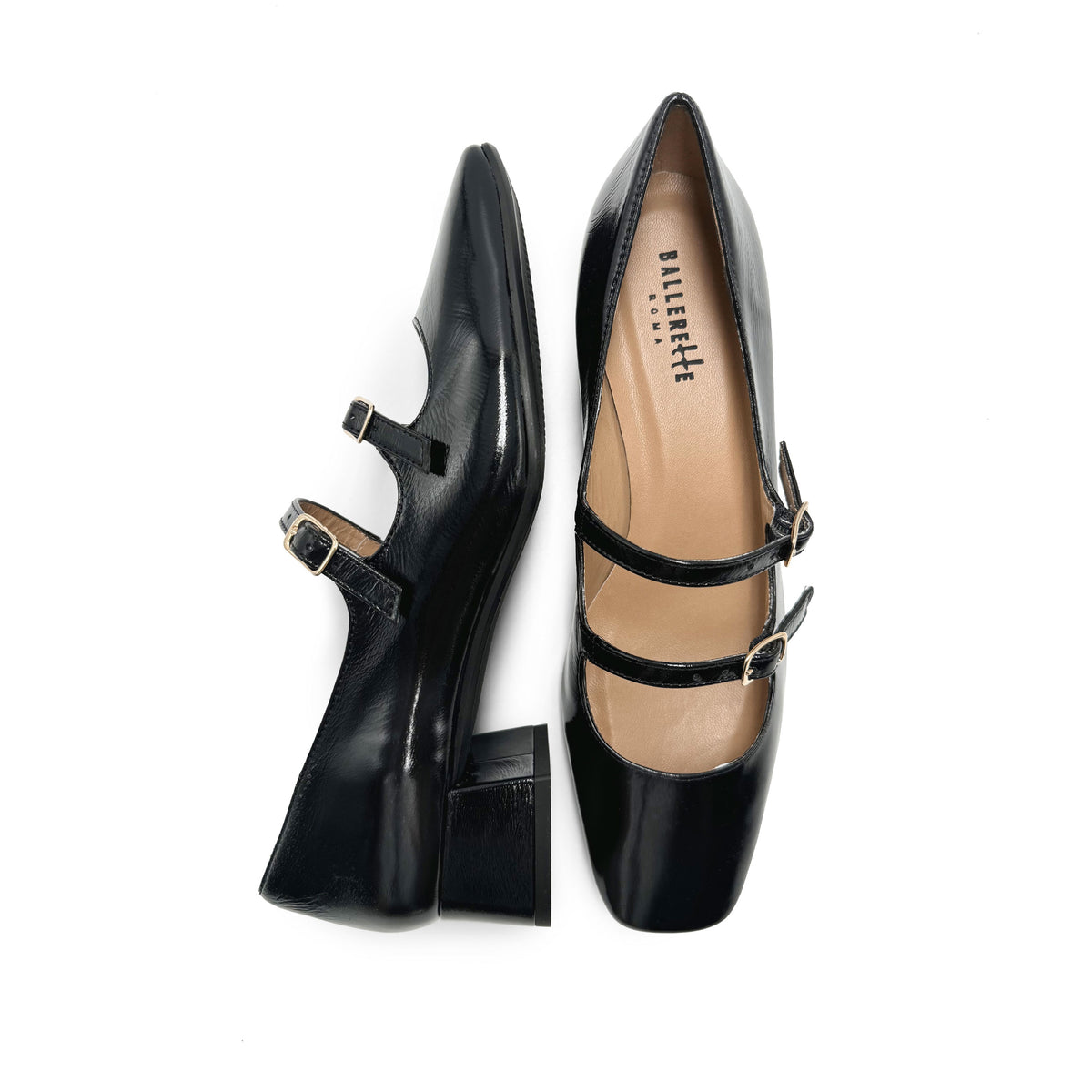 Black patent leather Mary Jane ballerinas with square toe and straps