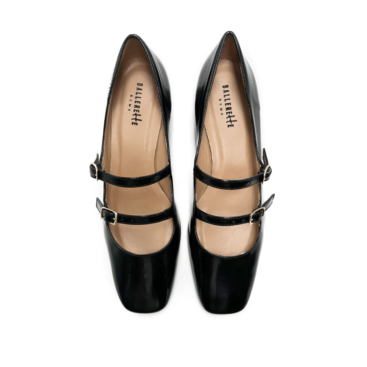 Black patent leather Mary Jane ballerinas with square toe and straps