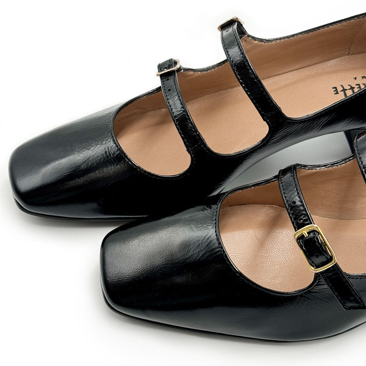 Black patent leather Mary Jane ballerinas with square toe and straps