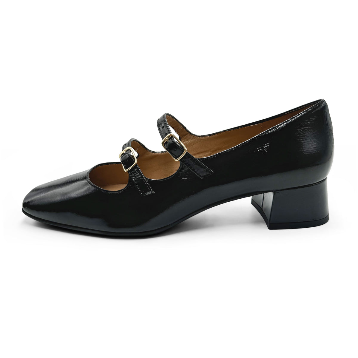 Black patent leather Mary Jane ballerinas with square toe and straps
