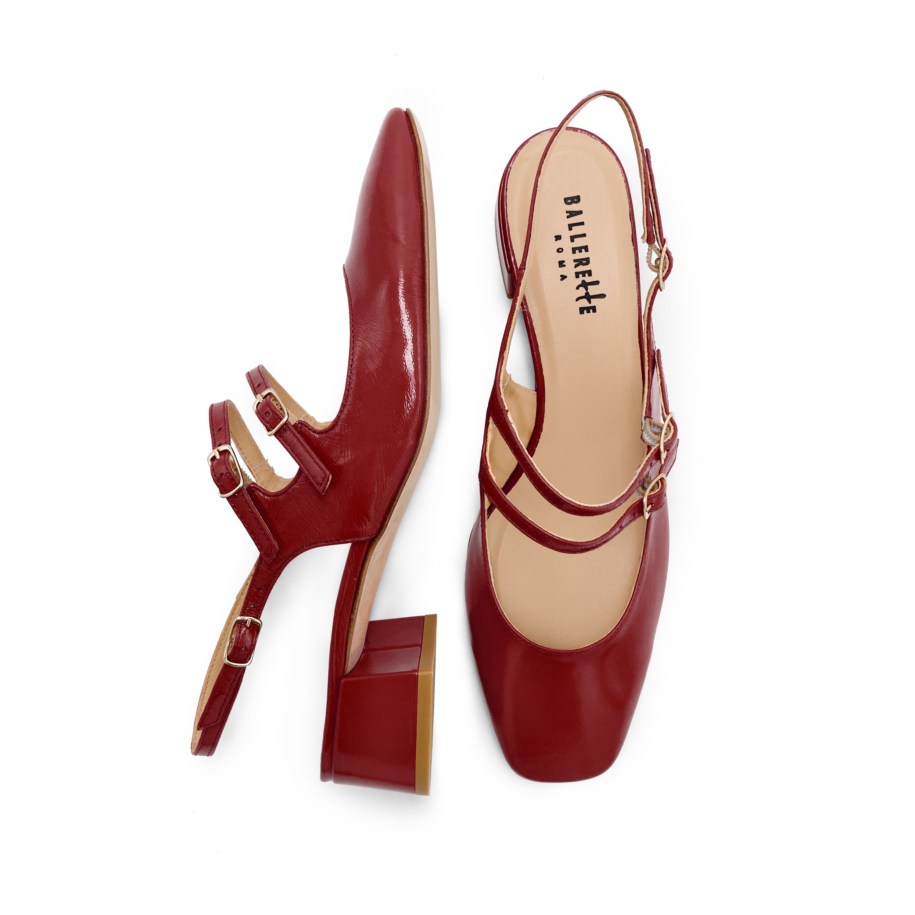 Red patent leather slingback ballet flats with heel