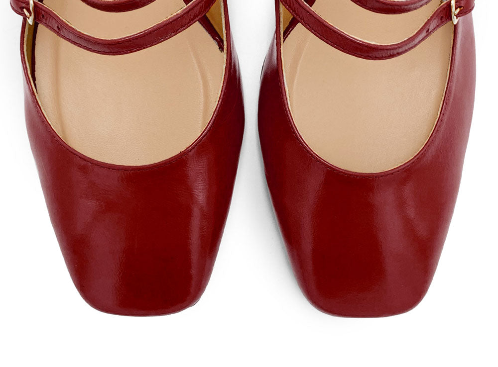 Red patent leather slingback ballet flats with heel