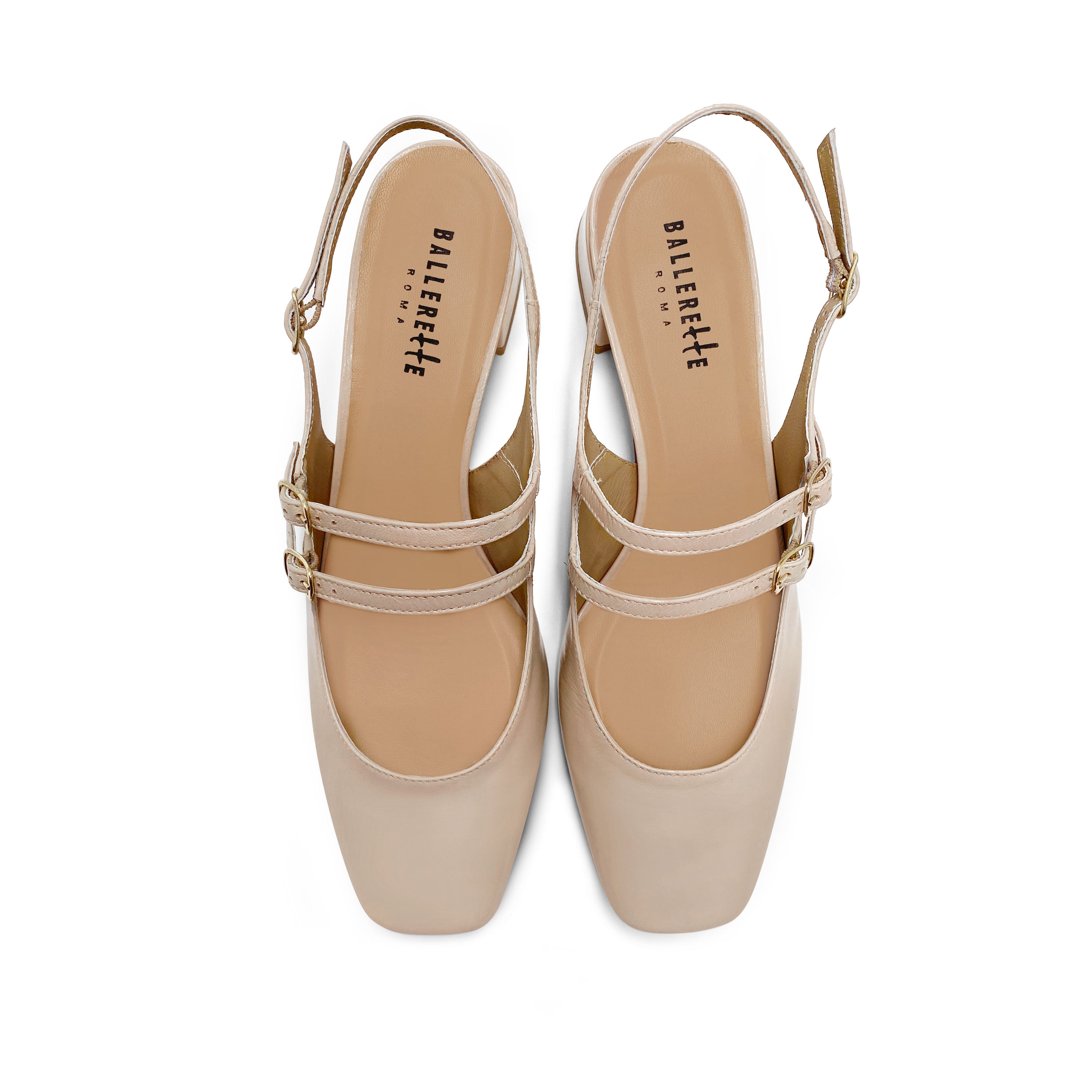 Beige slingback ballet flats in shiny leather with heel