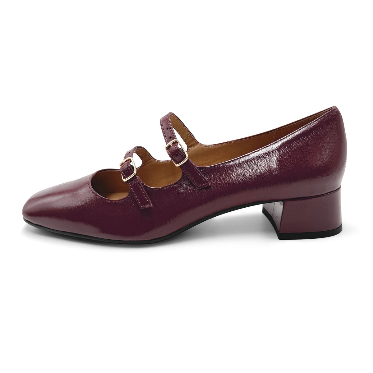 Glossy burgundy Mary Jane ballerinas with square toe and straps