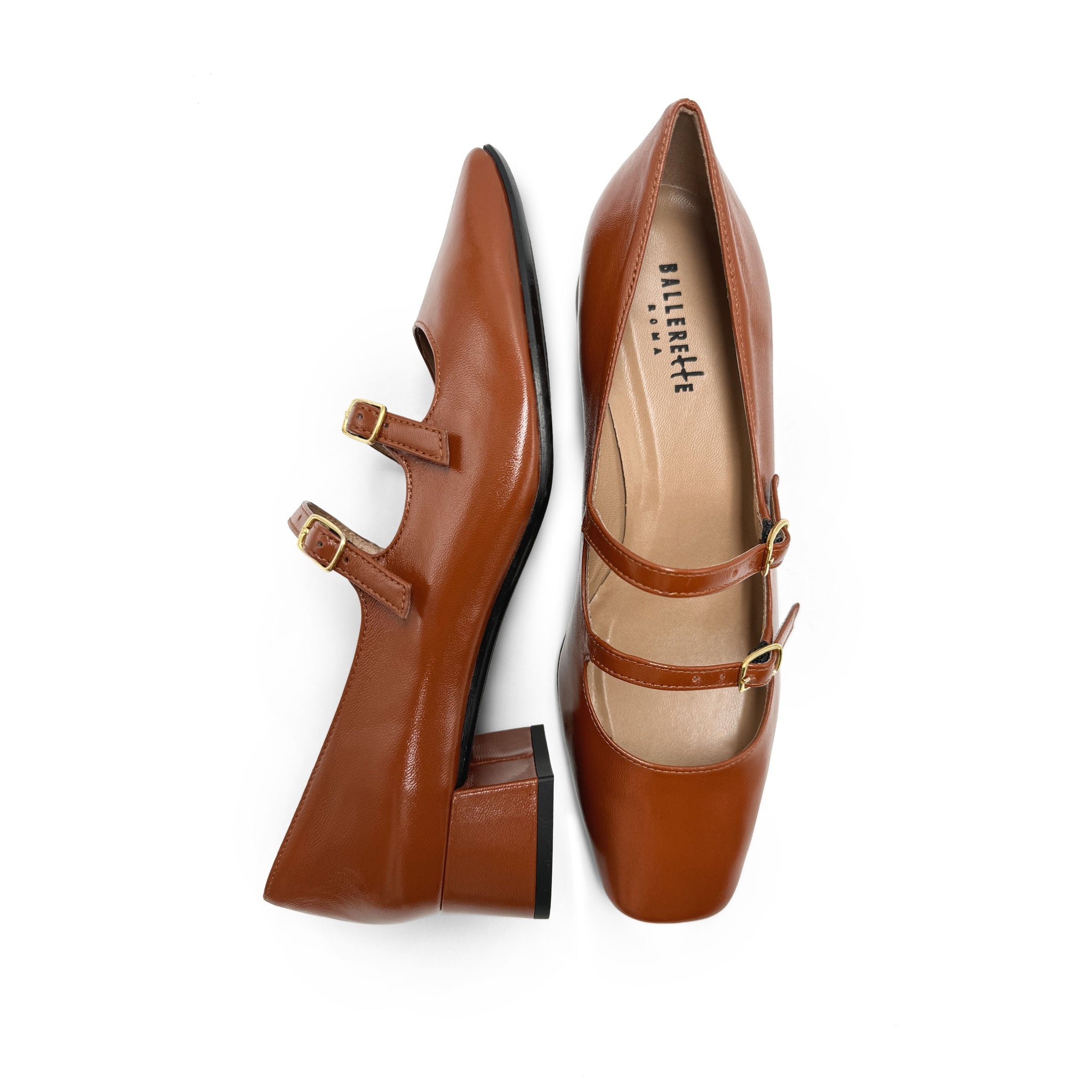 Brown shiny leather Mary Jane shoes with two straps and high heels Brown shiny leather Mary Jane shoes with two straps and high heels