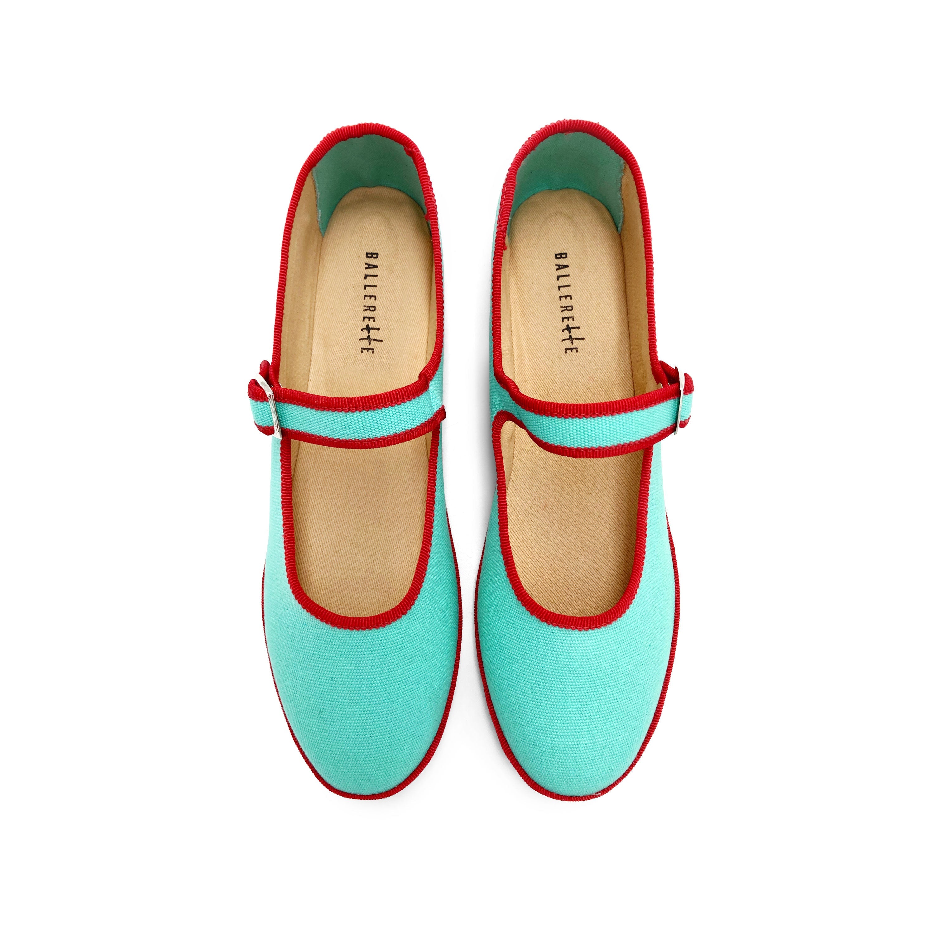 Aqua blue cotton Mary Jane friulane with red details