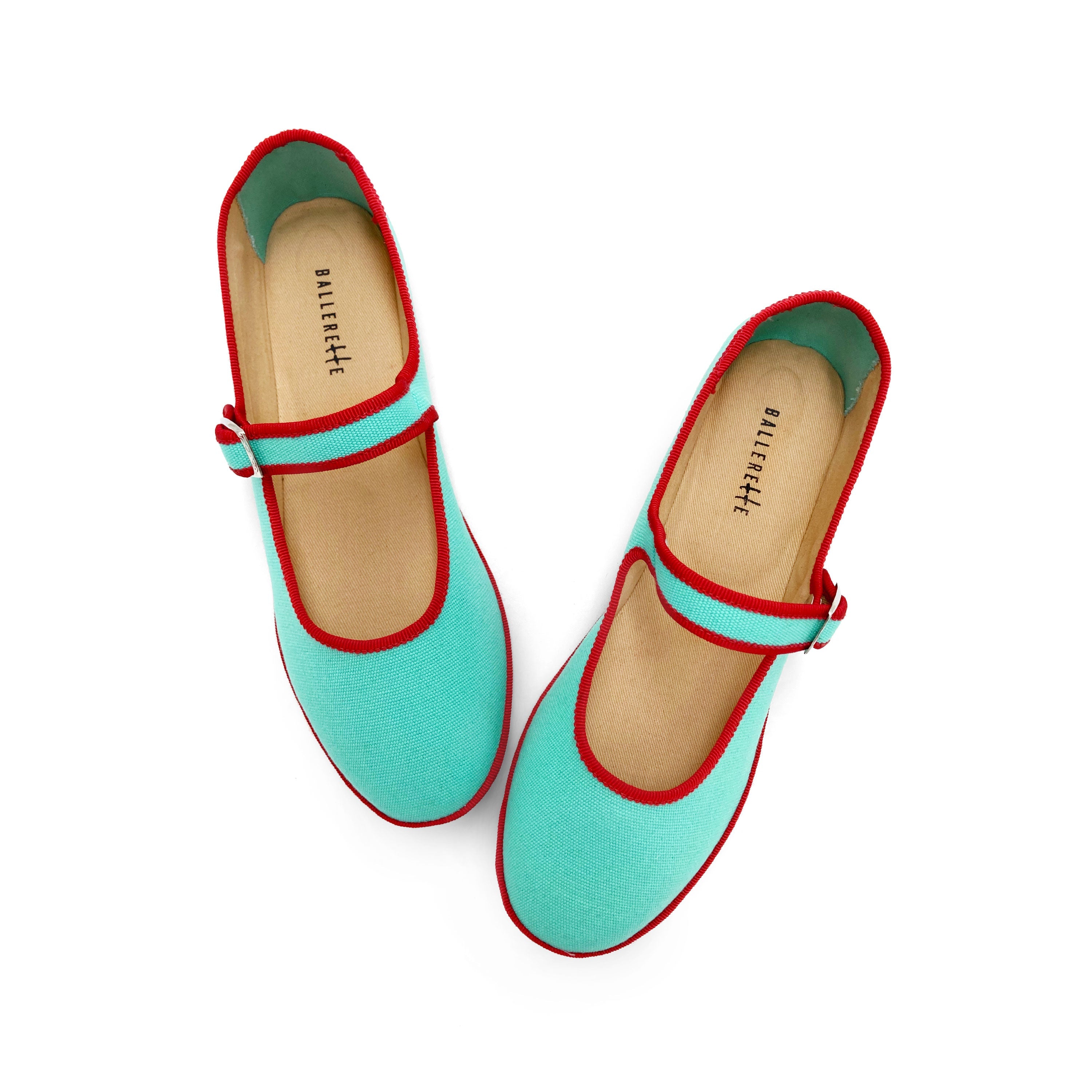 Aqua blue cotton Mary Jane friulane with red details