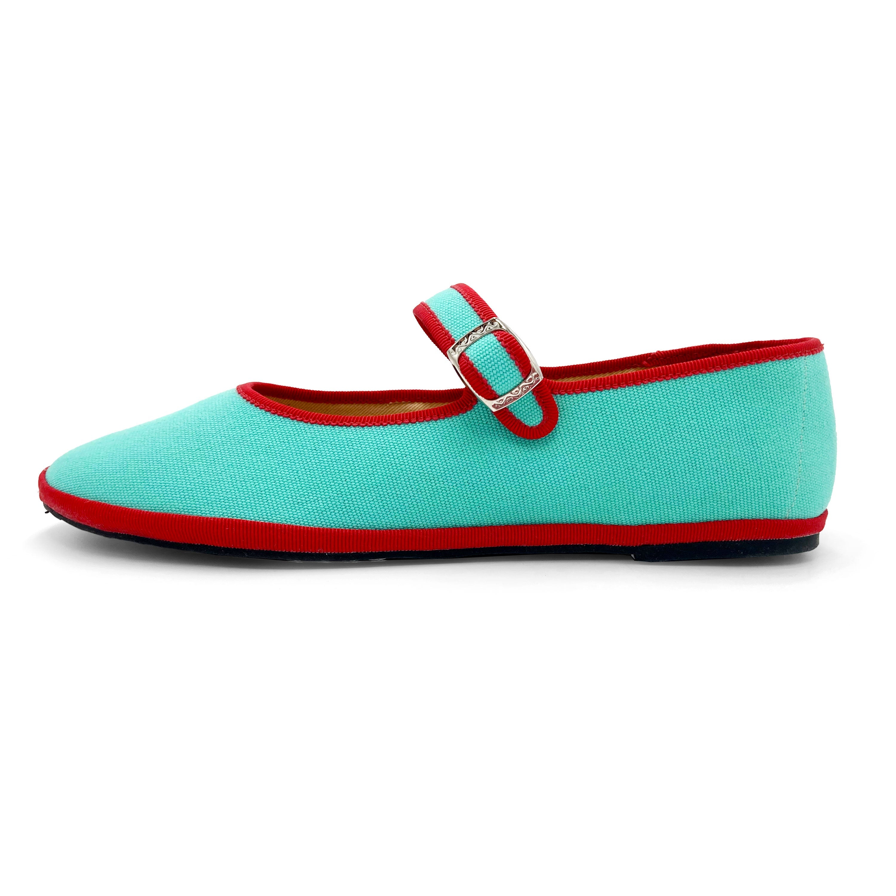 Aqua blue cotton Mary Jane friulane with red details