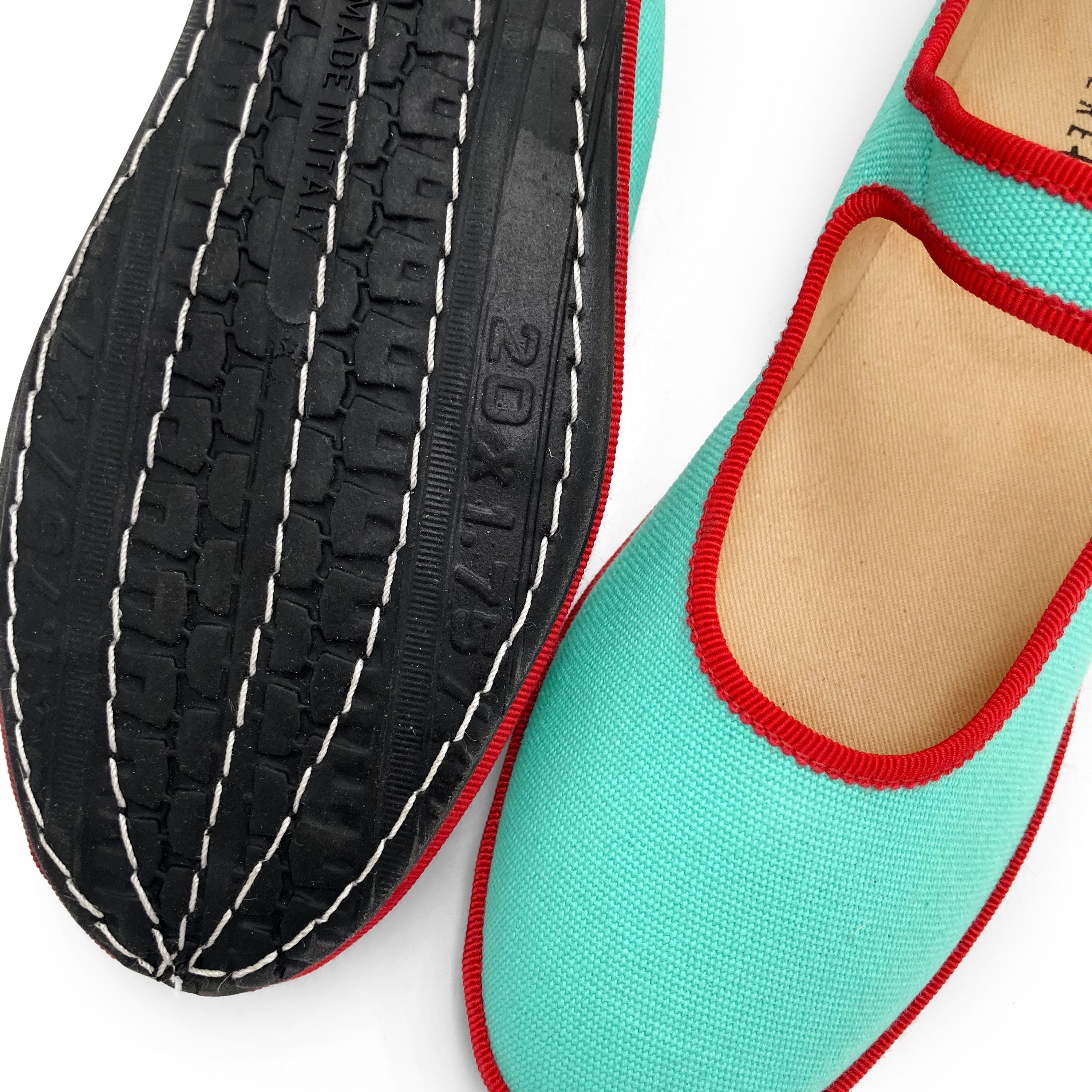 Aqua blue cotton Mary Jane friulane with red details