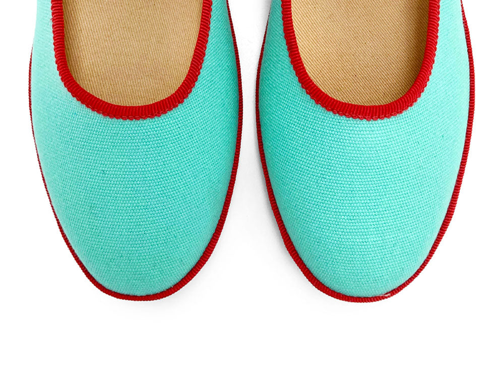 Aqua blue cotton Mary Jane friulane with red details